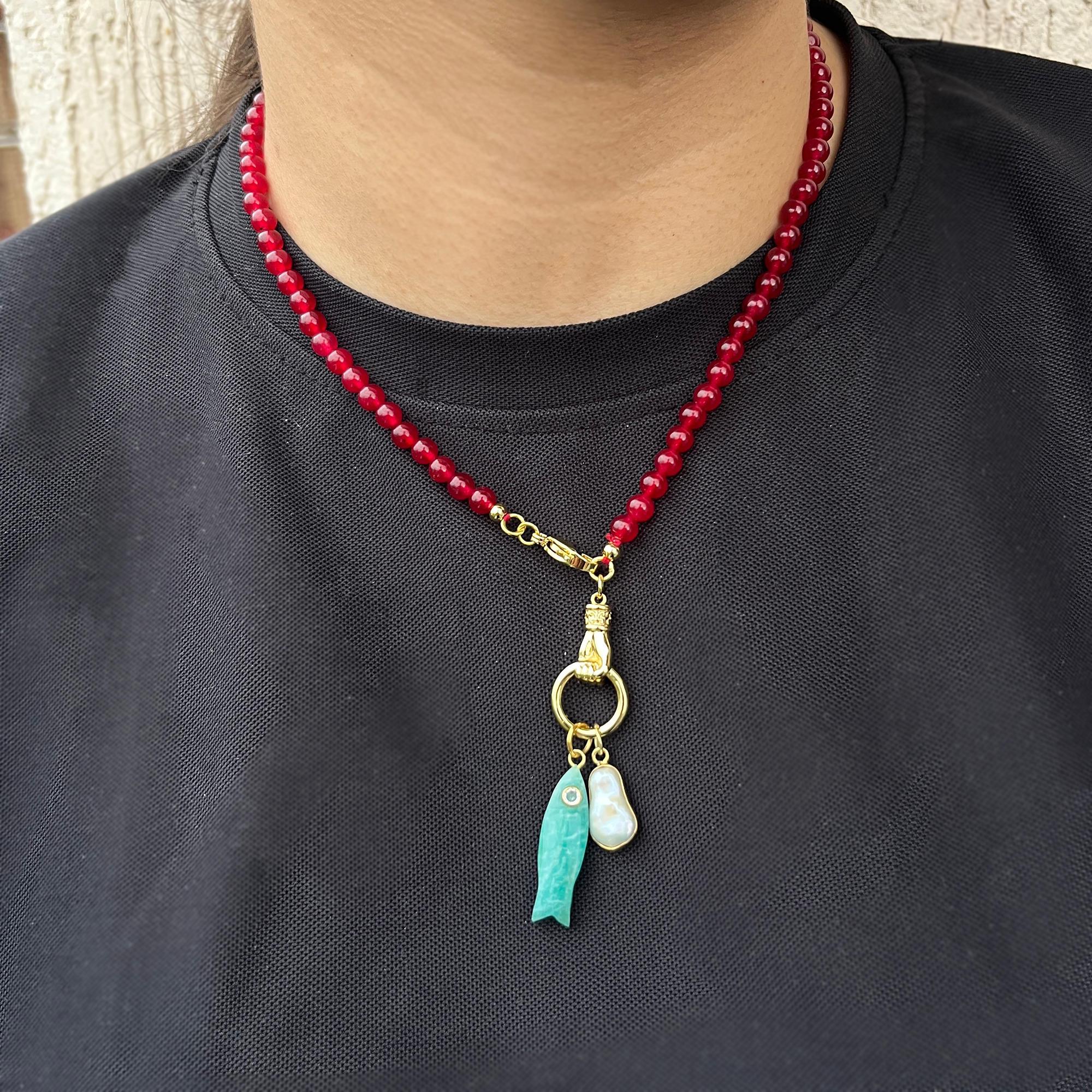 Red Carnelian Beaded Necklace with Gold Plated Clasp - Amazonite Fish & Pearl Charms
