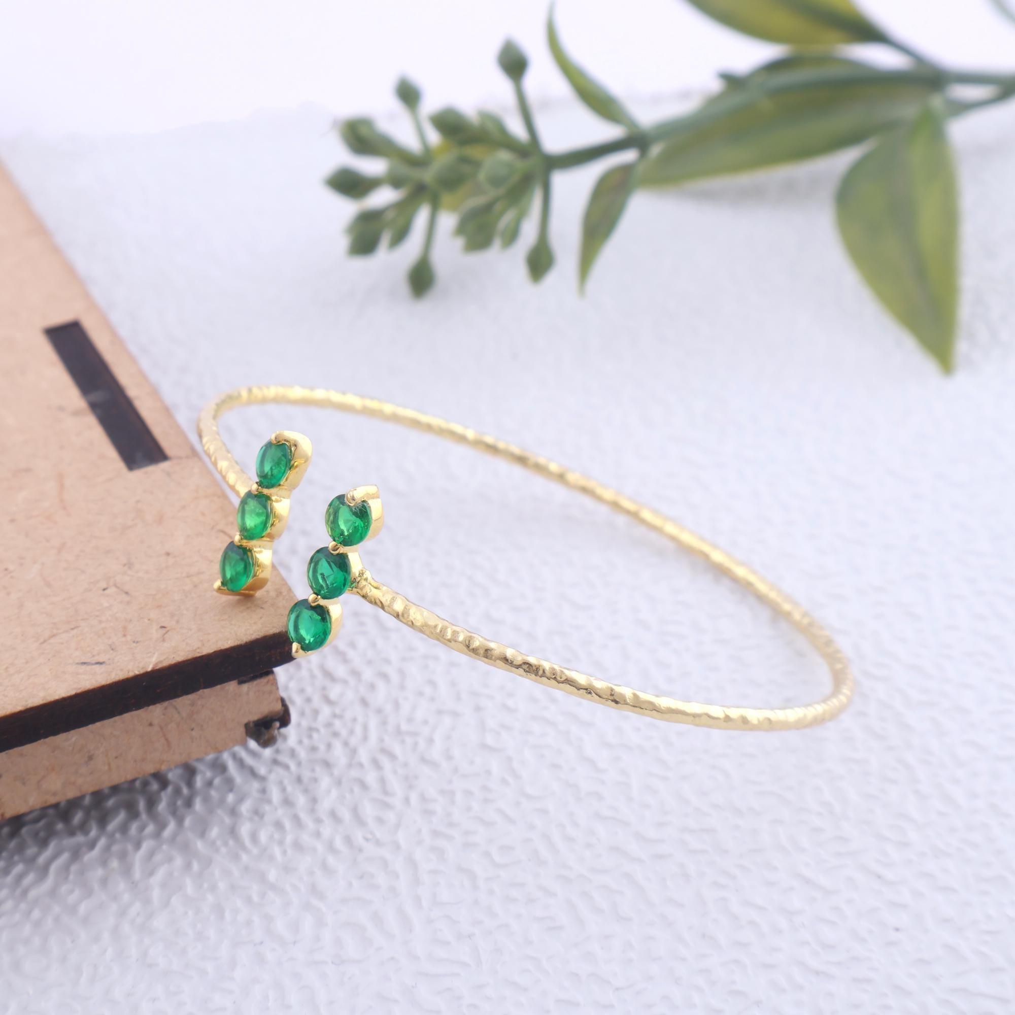 Three Emerald Cuff Bracelet: Textured Gold Plated Brass Bangle