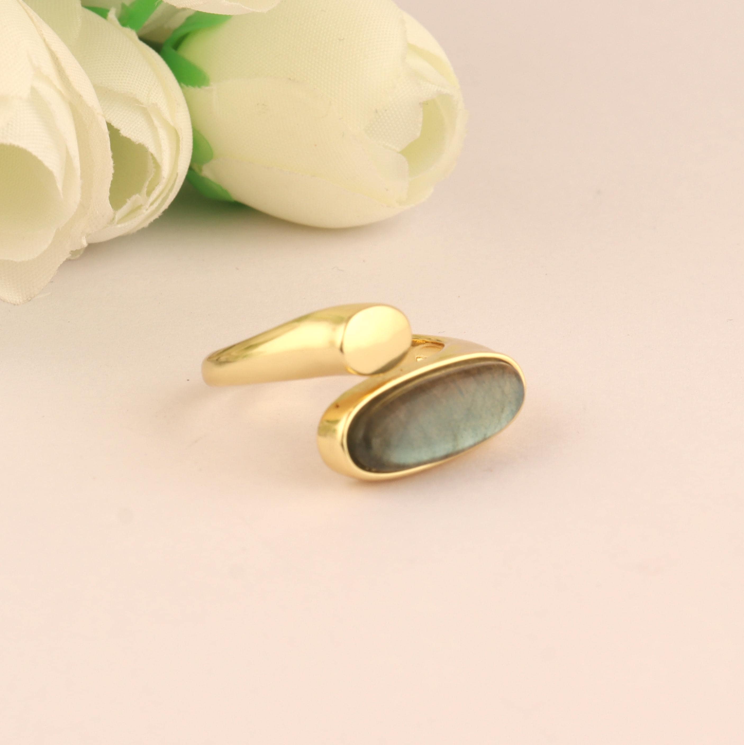 Oval Shape Trendy Fire Labradorite Ring: 18k Gold Plated Brass Adjustable Open Gemstone Jewelry