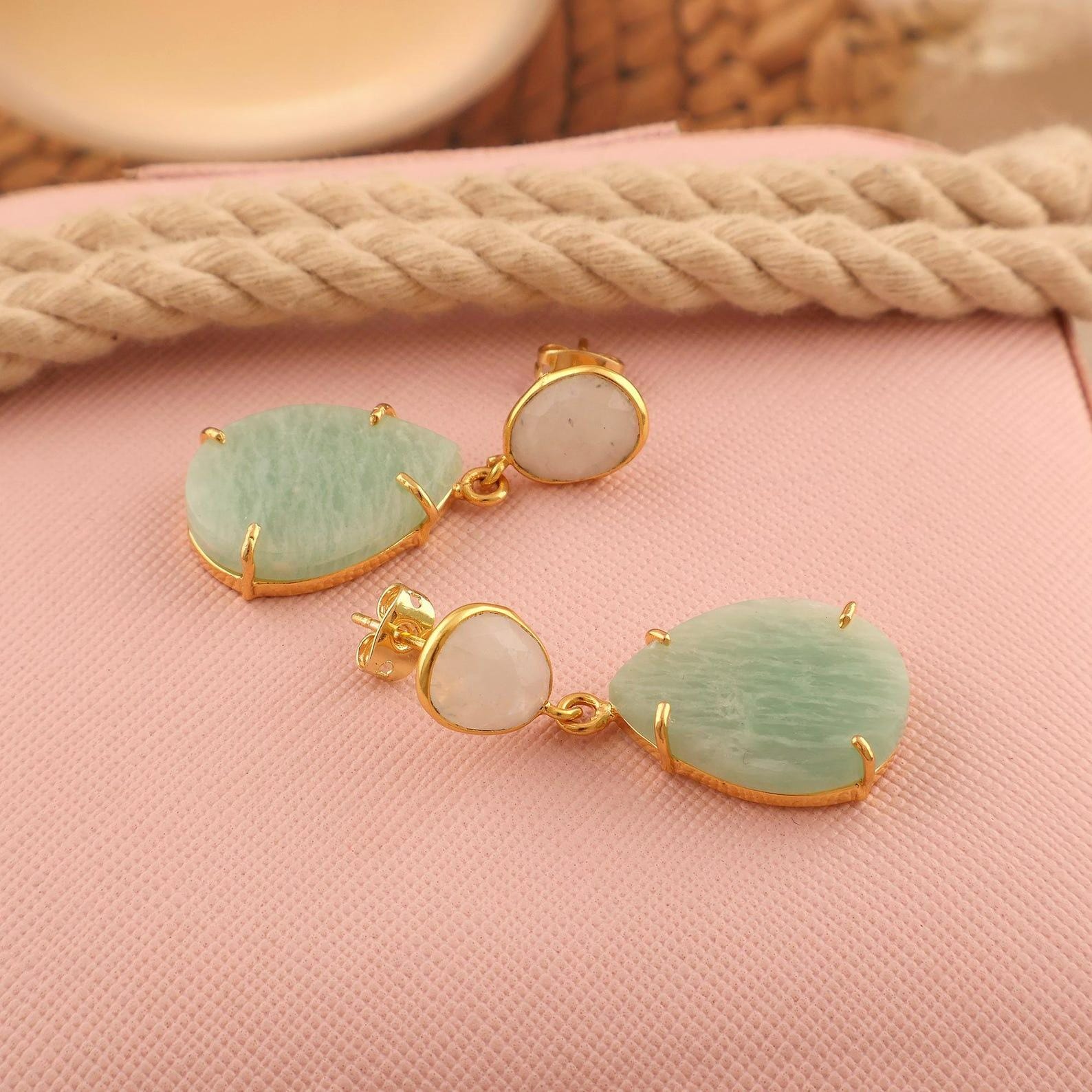 Moonstone Amazonite Dangle Earrings: Gold Plated Gemstone Studs