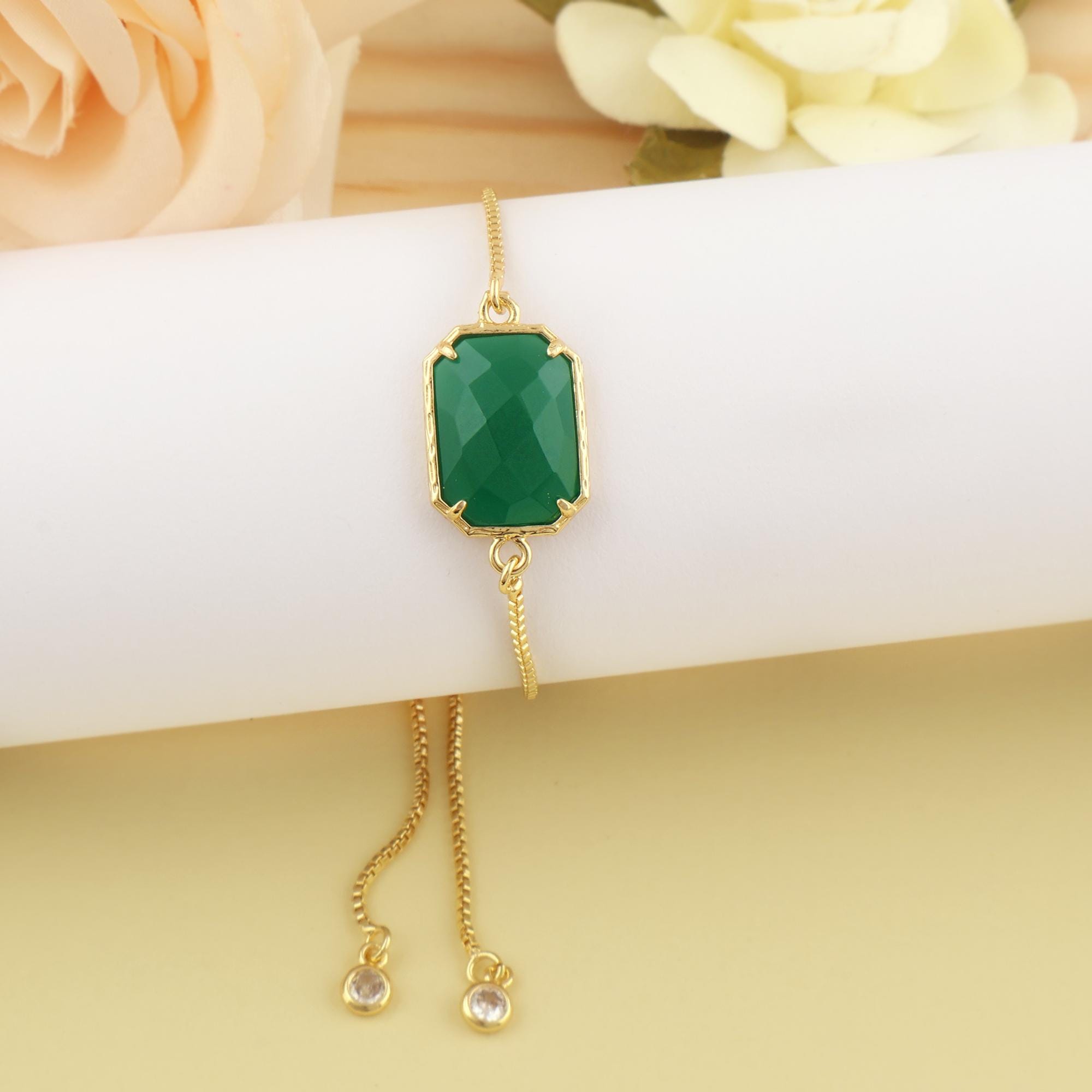 Dainty Green Onyx Gold Plated Brass Bracelet: Adjustable Gemstone Chain Bracelets