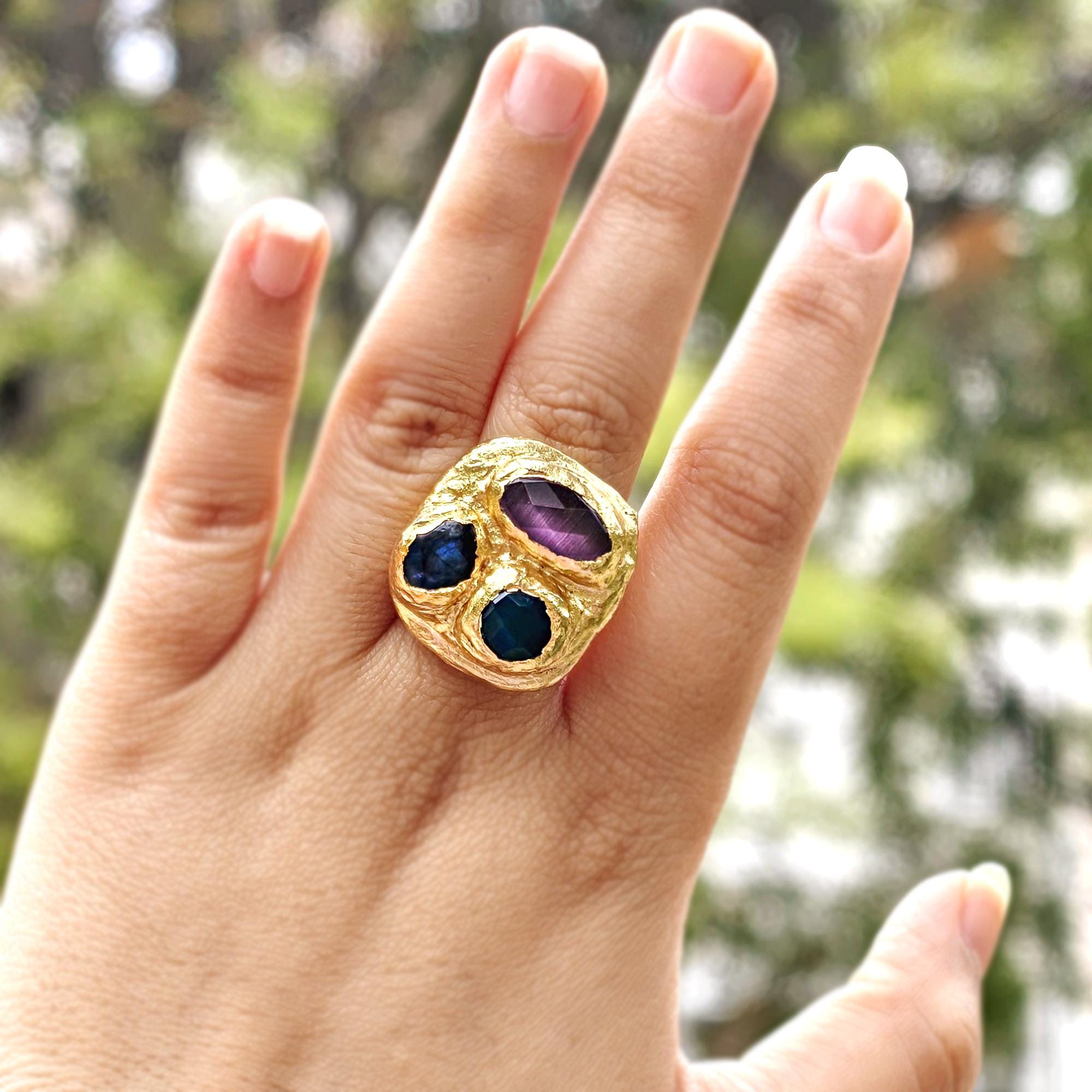 Bold Gemstone Statement Textured Open Band Ring: Gold Plated Chunky Boho Jewelry