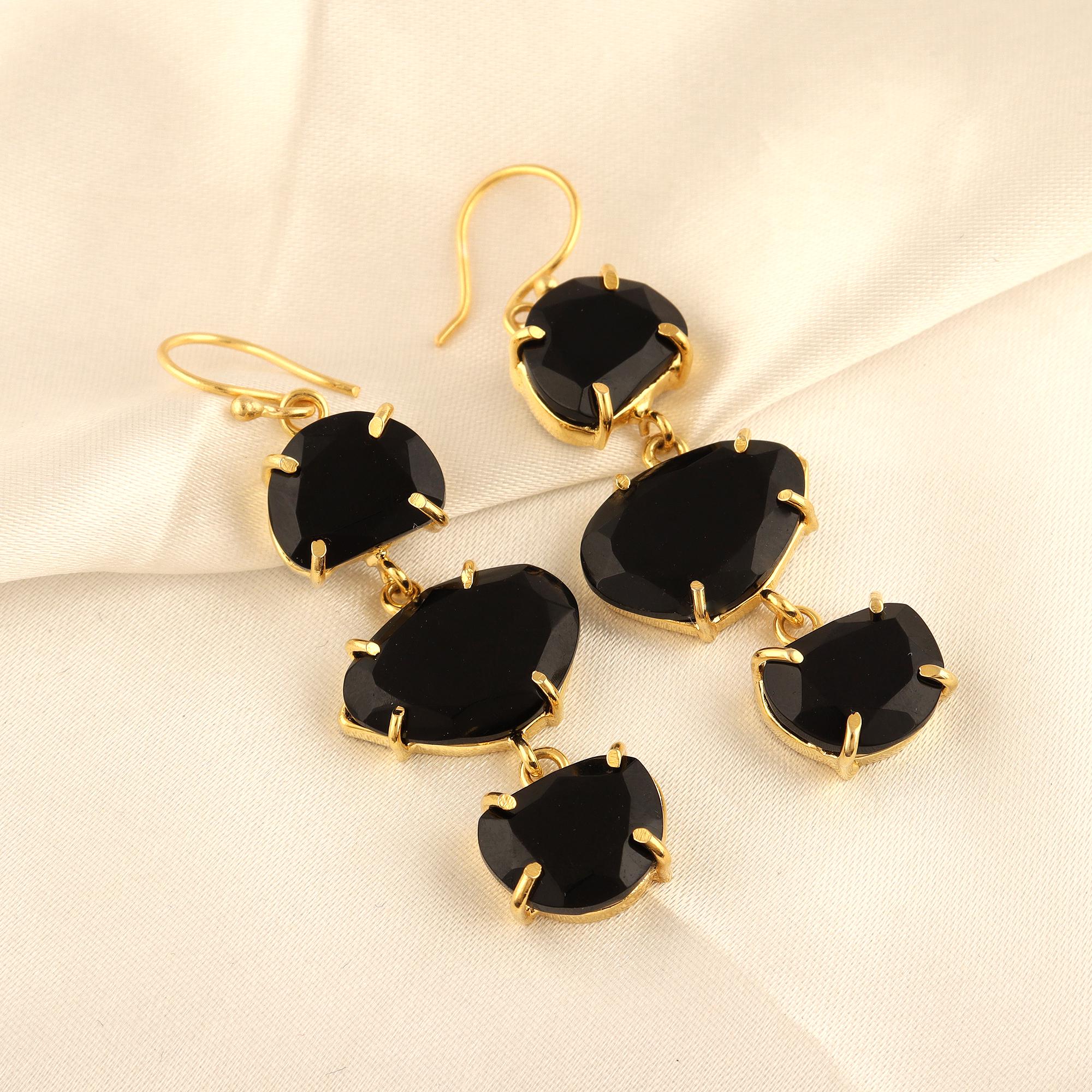 Long Triple Gemstone Drop Earrings: 18k Gold Plateed Prong Setting Black Onyx Earring