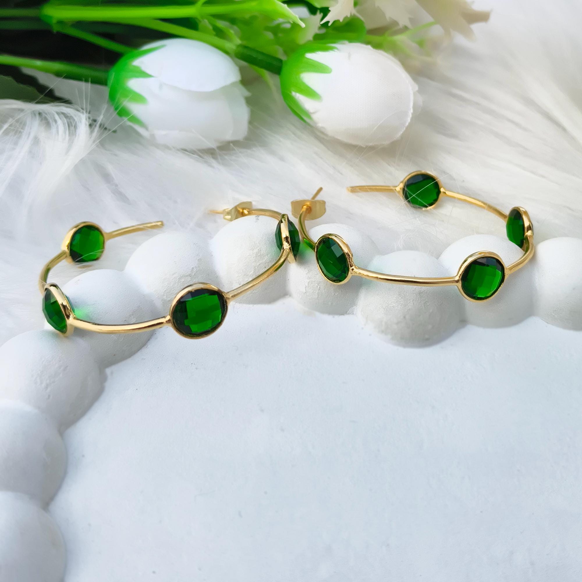 Emerald Quartz Gold Plated Hoop Earrings - Round Checker Cut Gemstone Designer Huggies