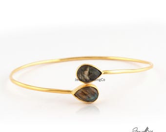Labradorite Gold Plated Cuff Bracelet - Elegant Statement Jewelry - Brass Adjustable Bangle - Gift Items