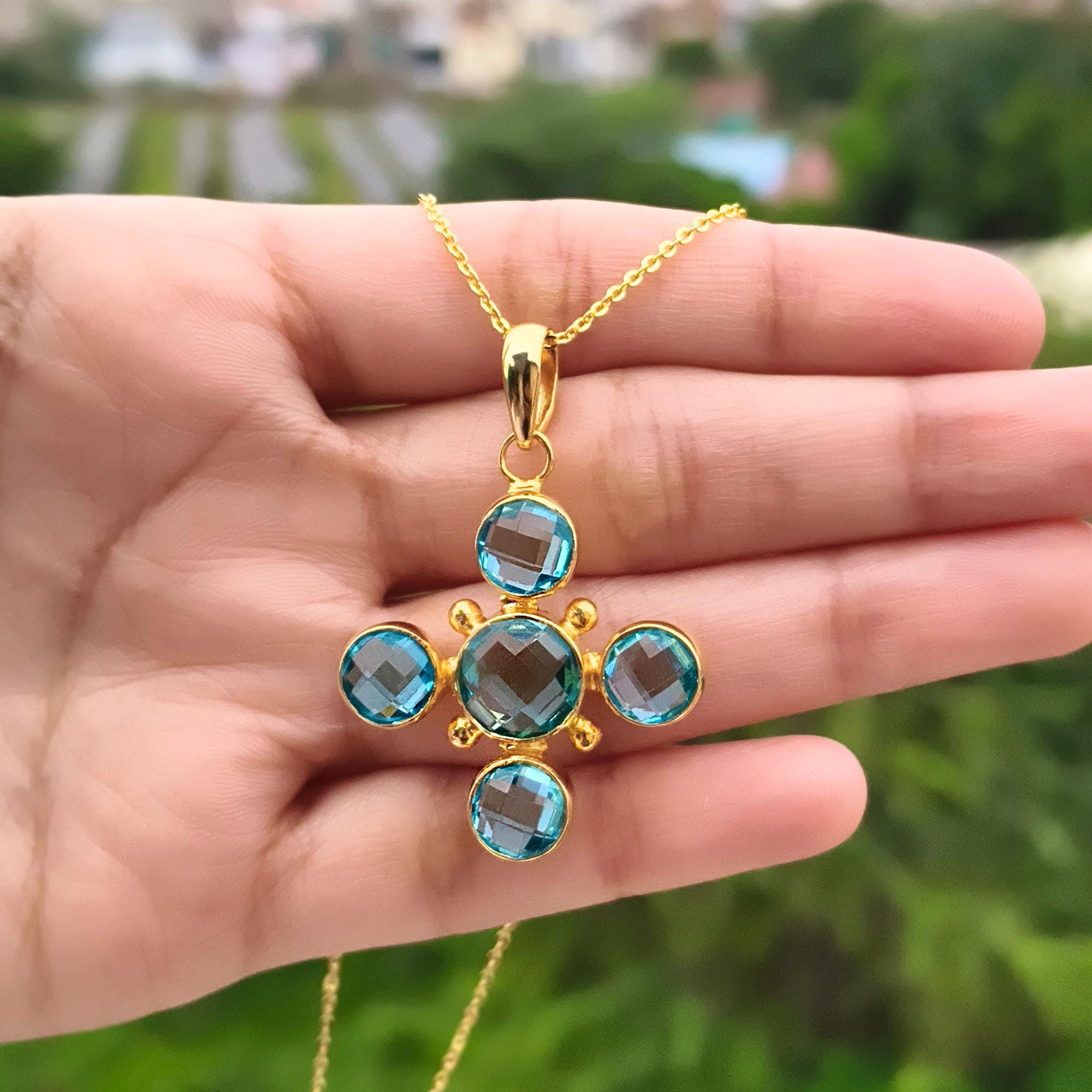 Sky Blue Quartz Cross Pendant Necklace – 18k Gold Plated Charm with Chain
