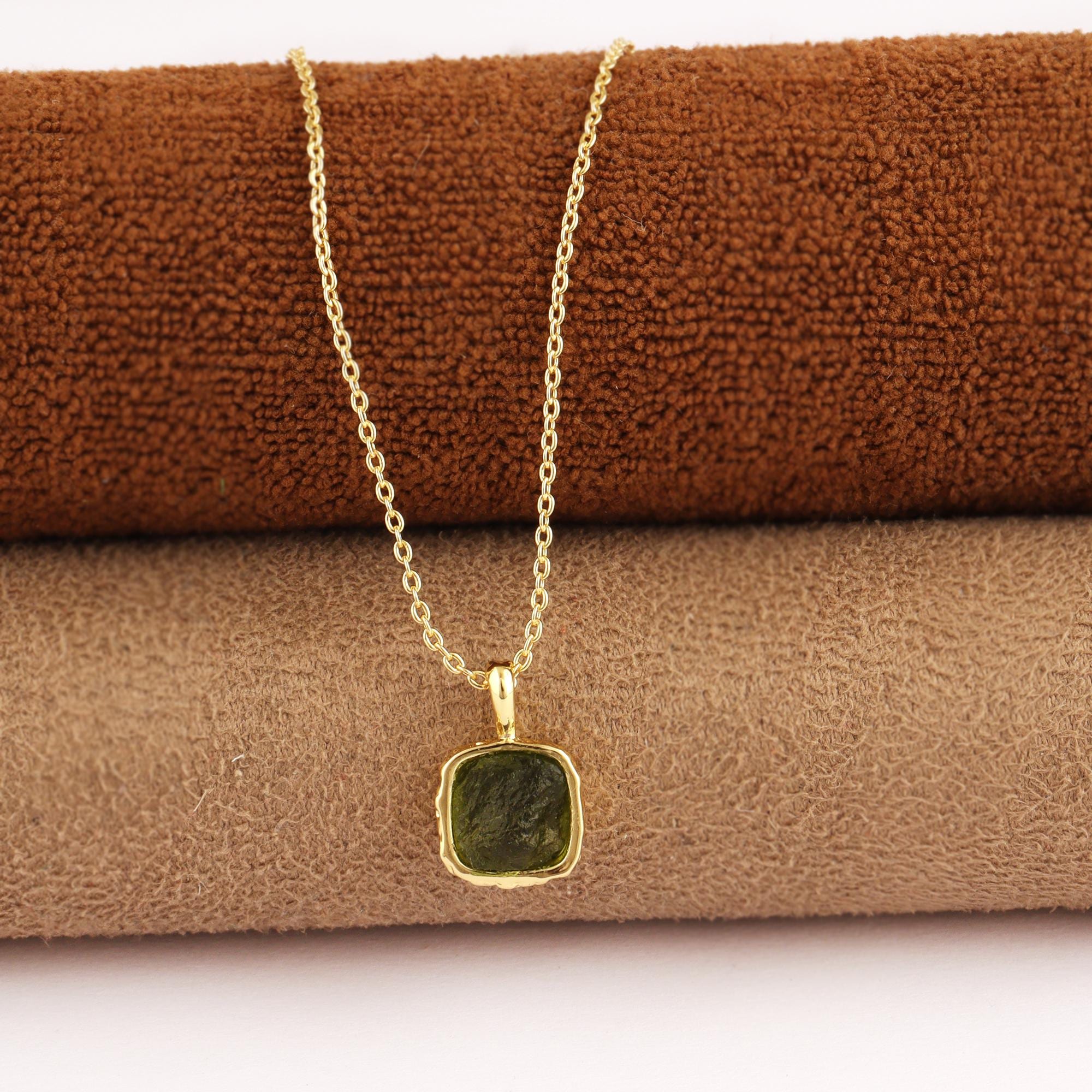 Moldavite Pendant Necklace: 18k Gold Plated Cushion Cut Gemstone