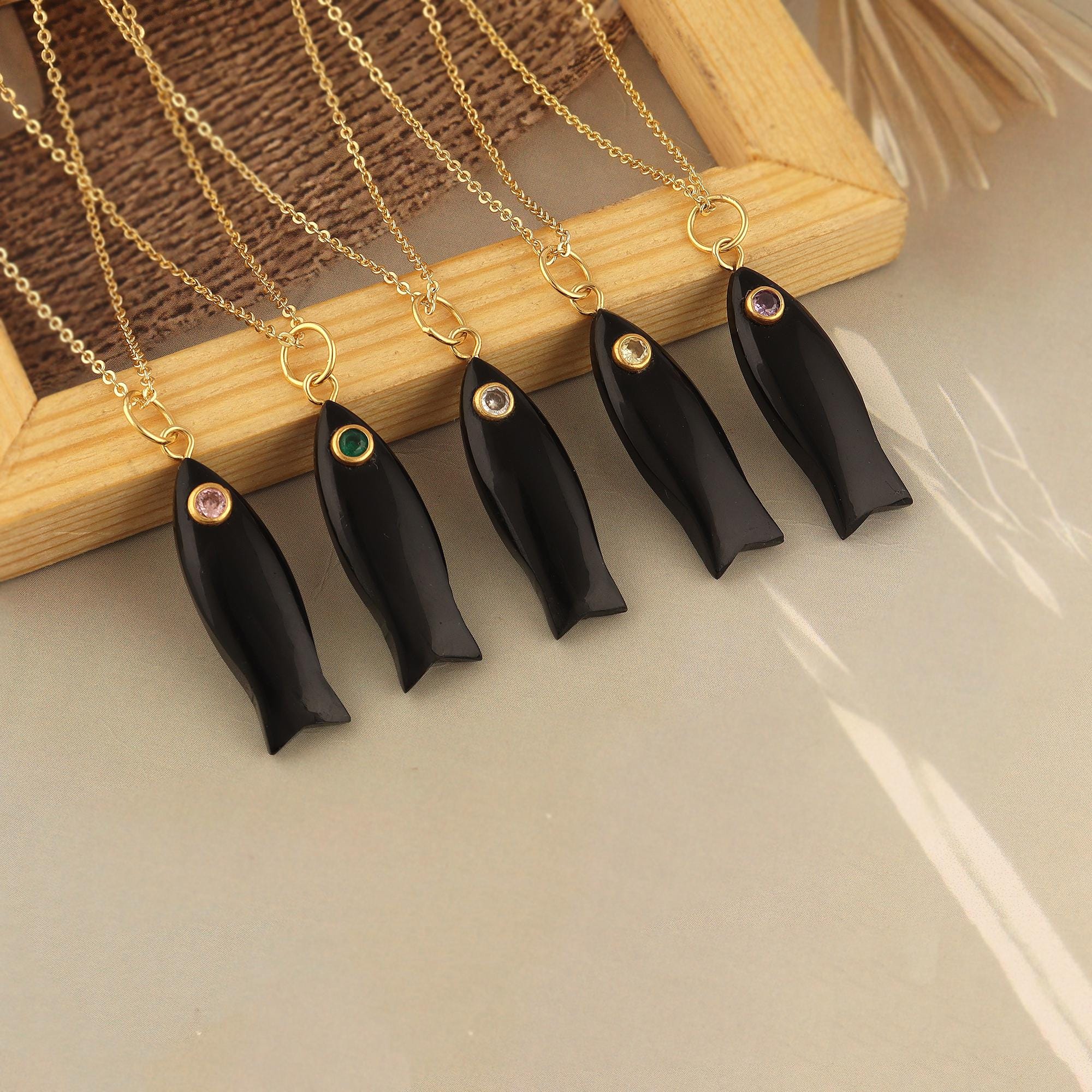 Black Onyx Fish Pendant Necklace: 18k Gold Plated Animal Jewelry
