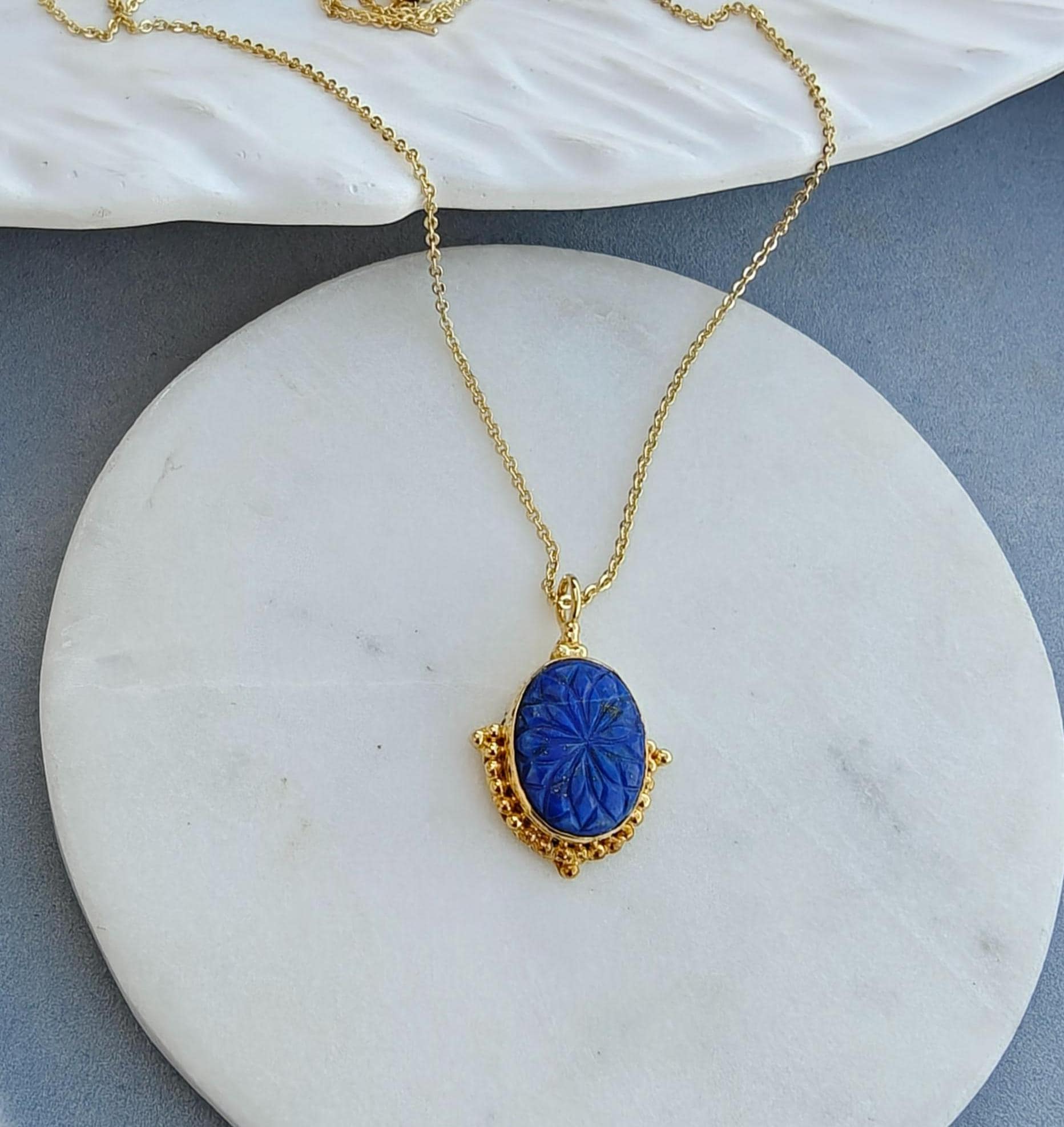 Lapis Lazuli Carved Pendant: Gold-Plated Oval Gemstone Designer Necklace