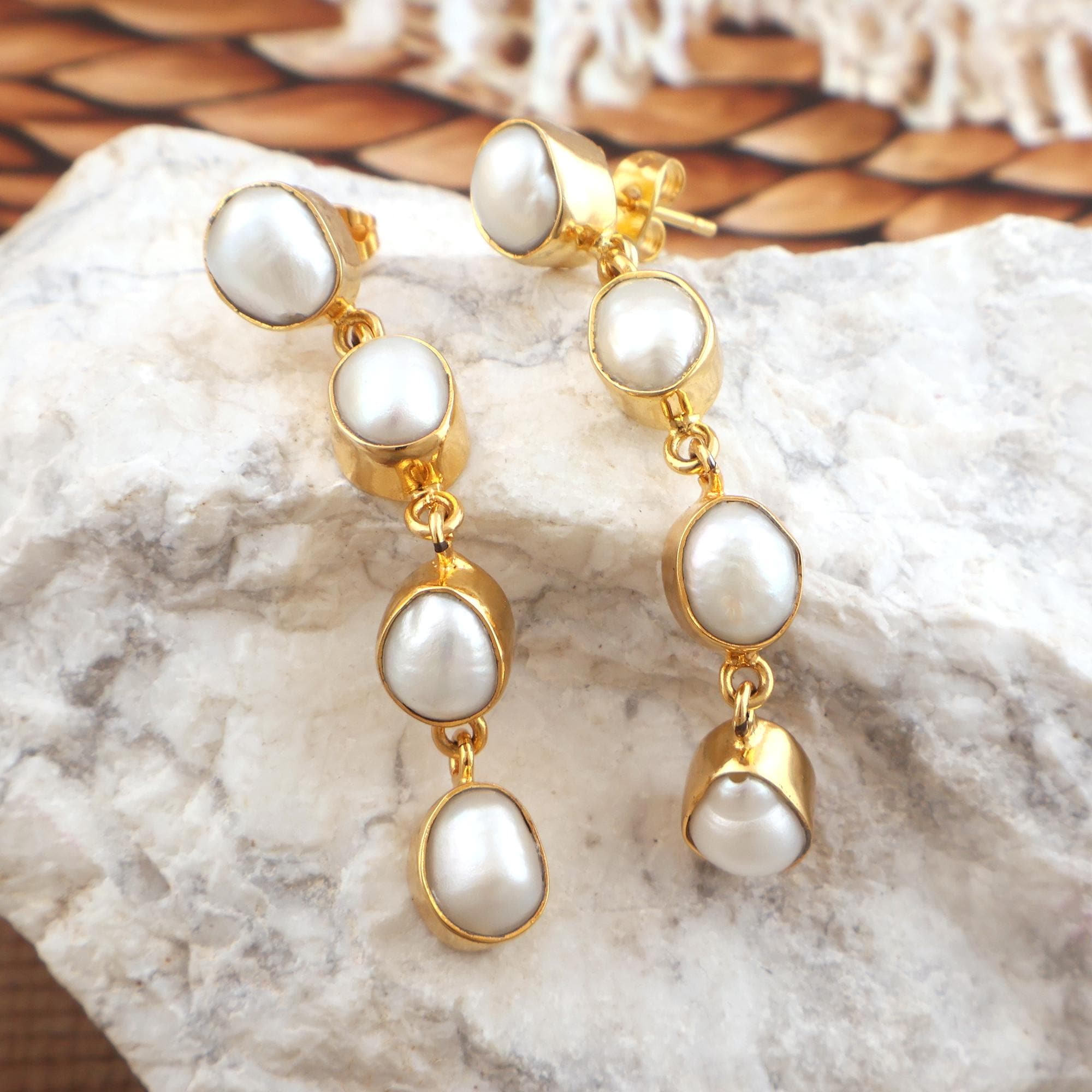 Handmade Freshwater Four Pearl Drop Earrings – 18k Gold Plated Studs