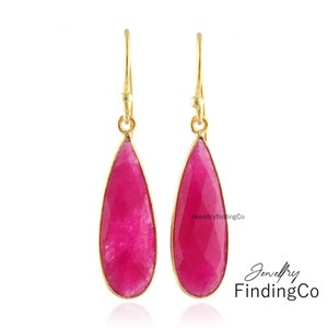 Red Ruby Teardrop Earrings: Gold Plated Bezel, July Birthstone