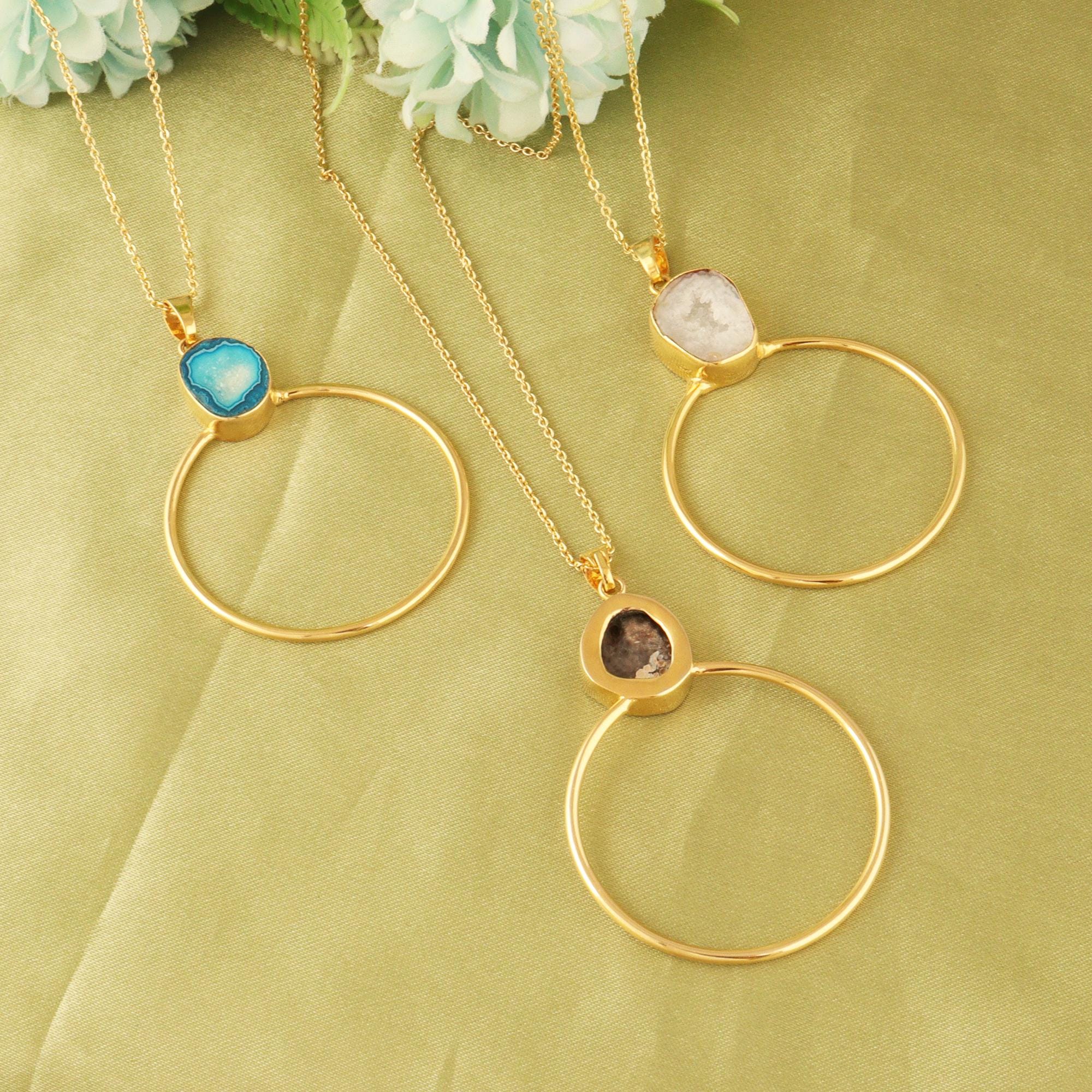 18k Gold Plated Geode Druzy Pendant – Handmade Hoop Necklaces with Natural Druzy Slice