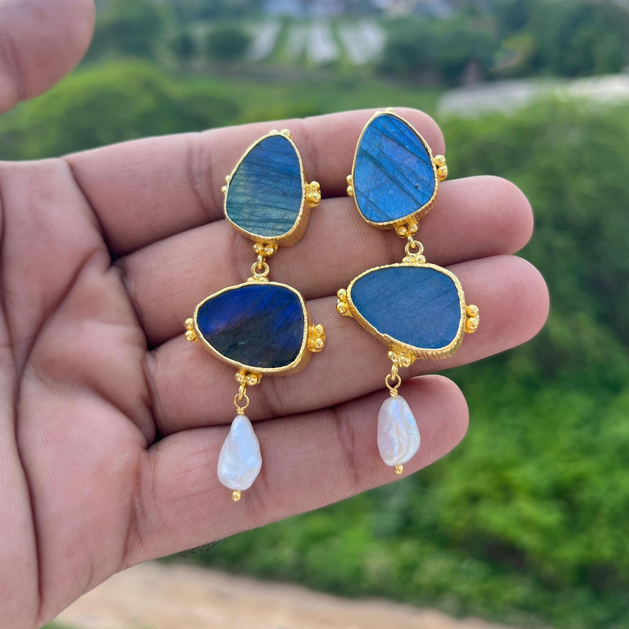 Labradorite Pearl Drop Earrings: Gold Plated Brass, Handmade Bridal Jewelry For Her