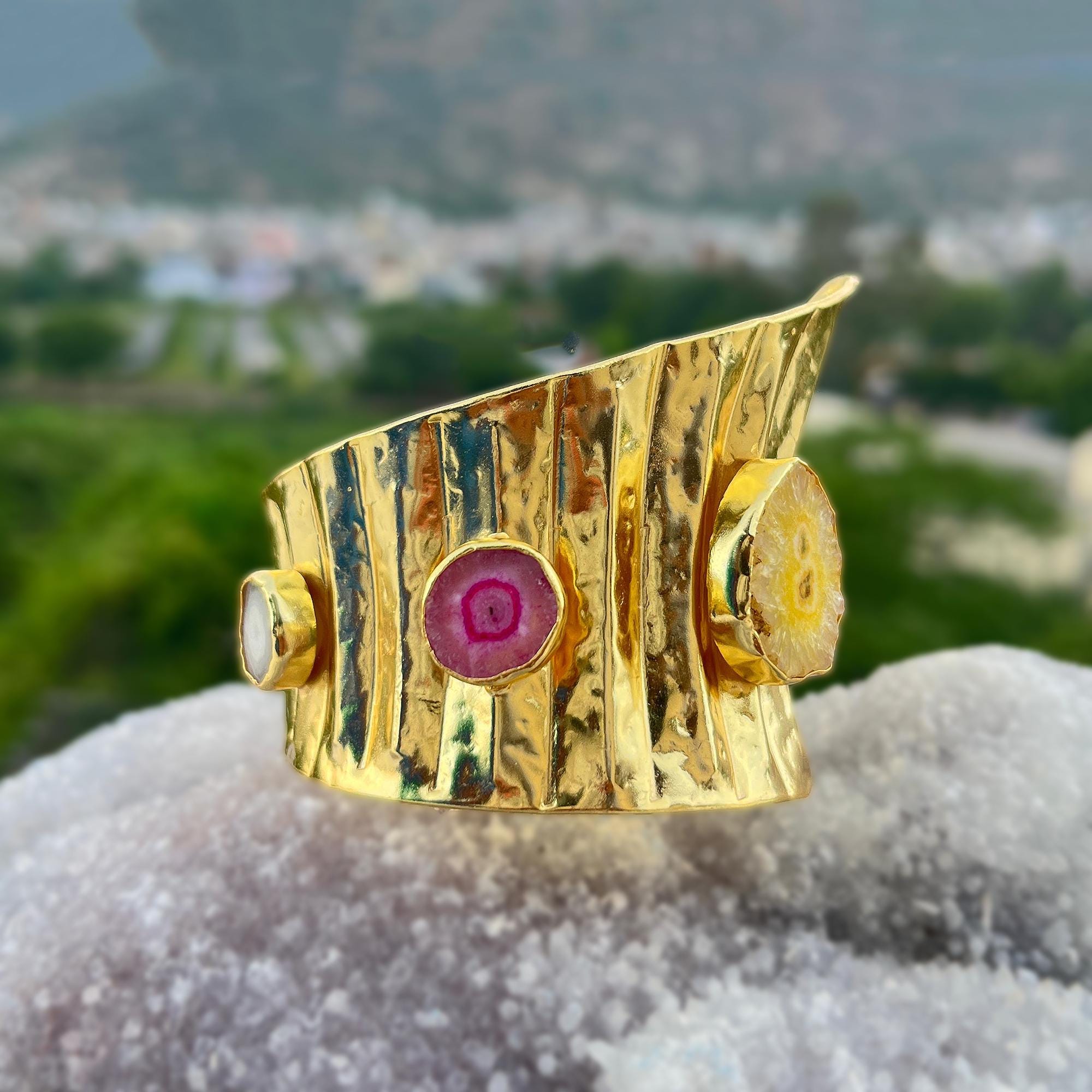 Textured Gold Cuff Bracelet: Multicolor Solar Quartz Gemstone Adjustable Bangle