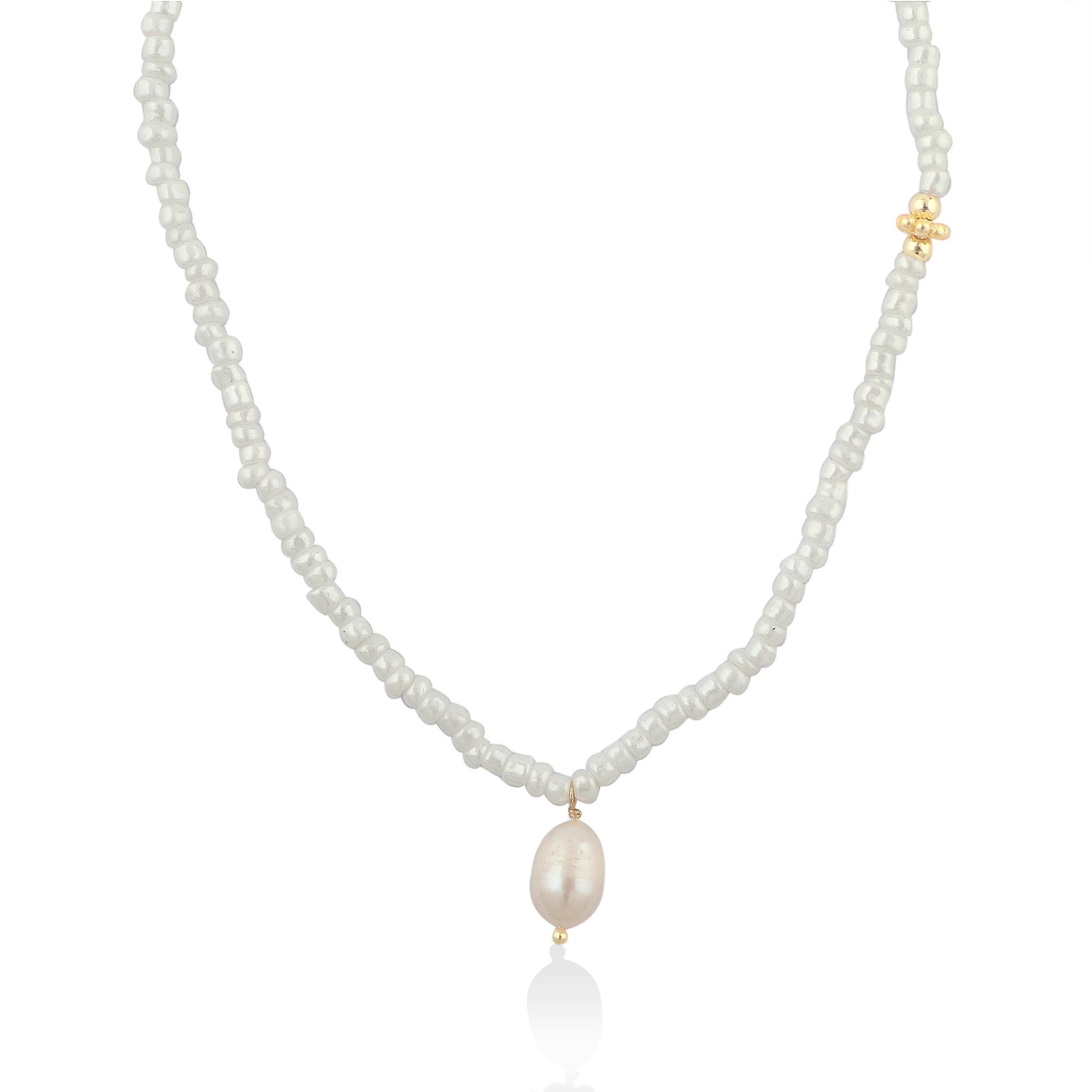 Women Pearl And White Beads Drop Necklace - 18k Gold Plated Chain Beaded