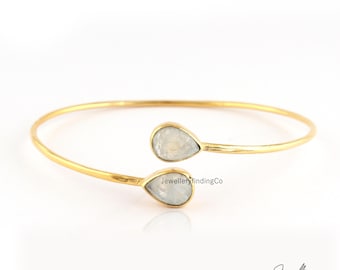 Teardrop Moonstone Gold Plated Cuff Bracelet - Statement Jewelry - Brass Adjustable Bangle - Bohemian Bracelet