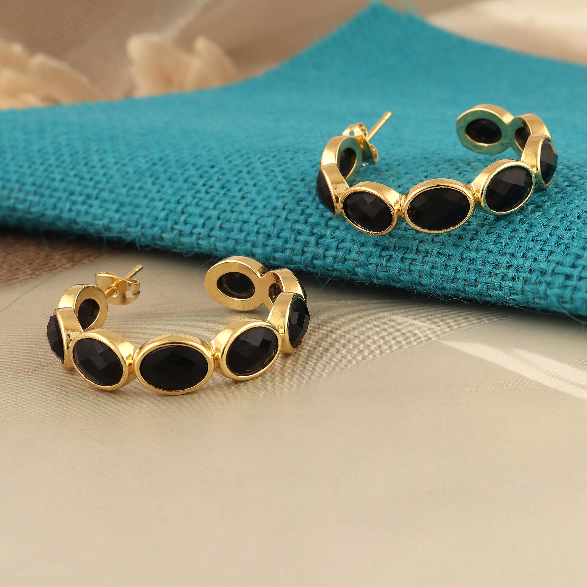 Black Onyx Oval Hoop Earrings: 18k Gold Plated Dainty Gemstone