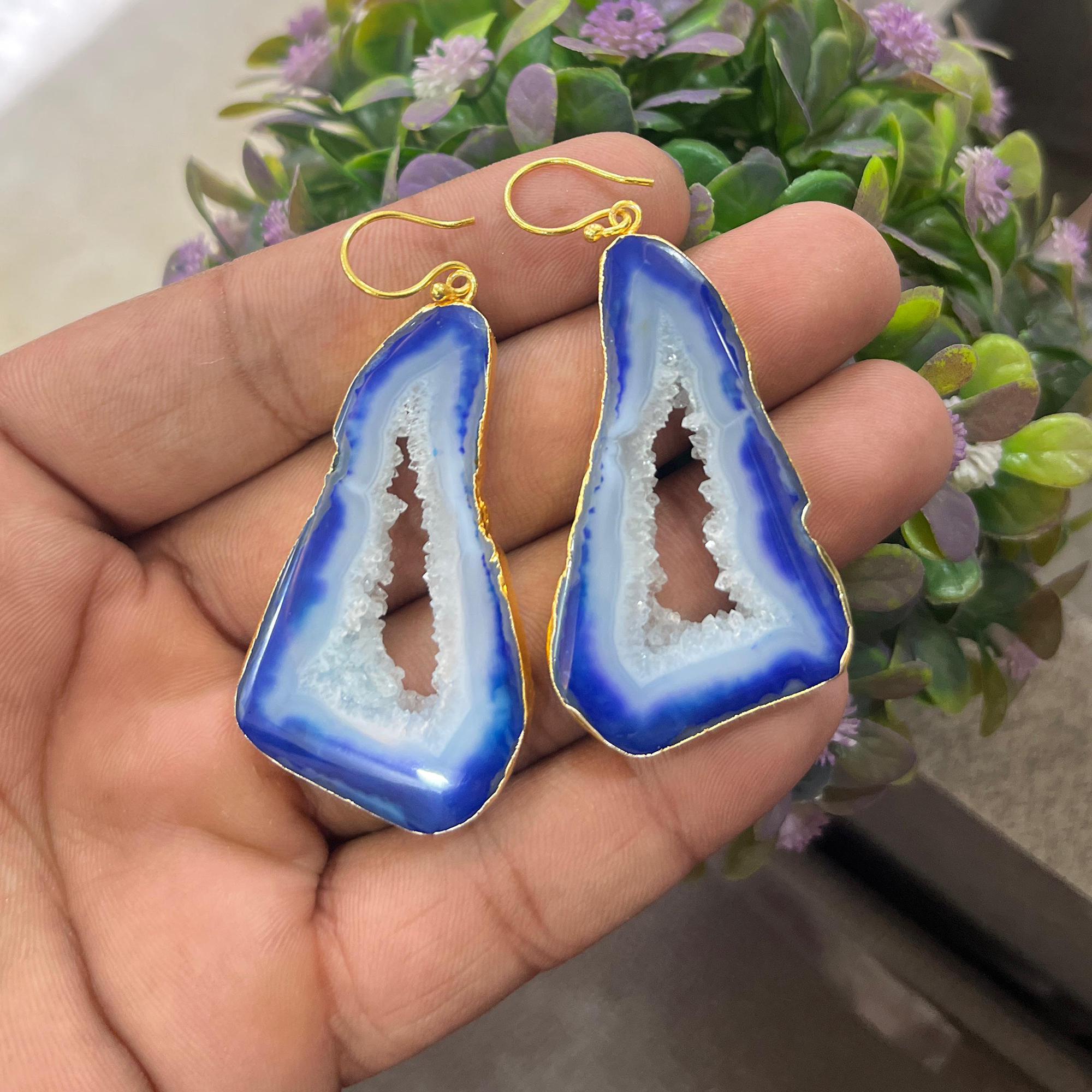 Blue Agate Geode Earrings: Gold Plated Dangle Earrings