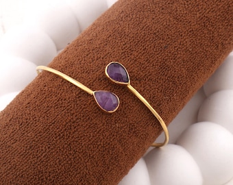 Amethyst Gold Plated Cuff Bracelet - Elegant Statement Jewelry - Brass Adjustable Bangle - Amethyst Gemstone Bracelet