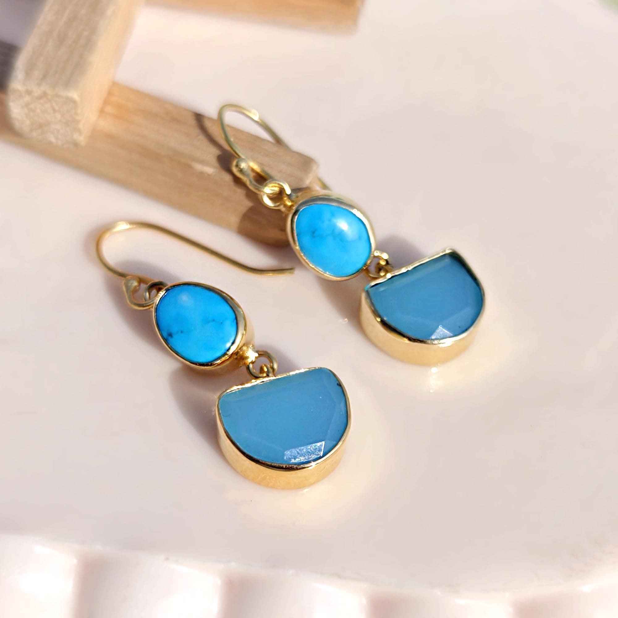 Turquoise & Sky Blue Chalcedony Drop Earrings – Gold Plated Dangle Geometric Gemstone Earrings