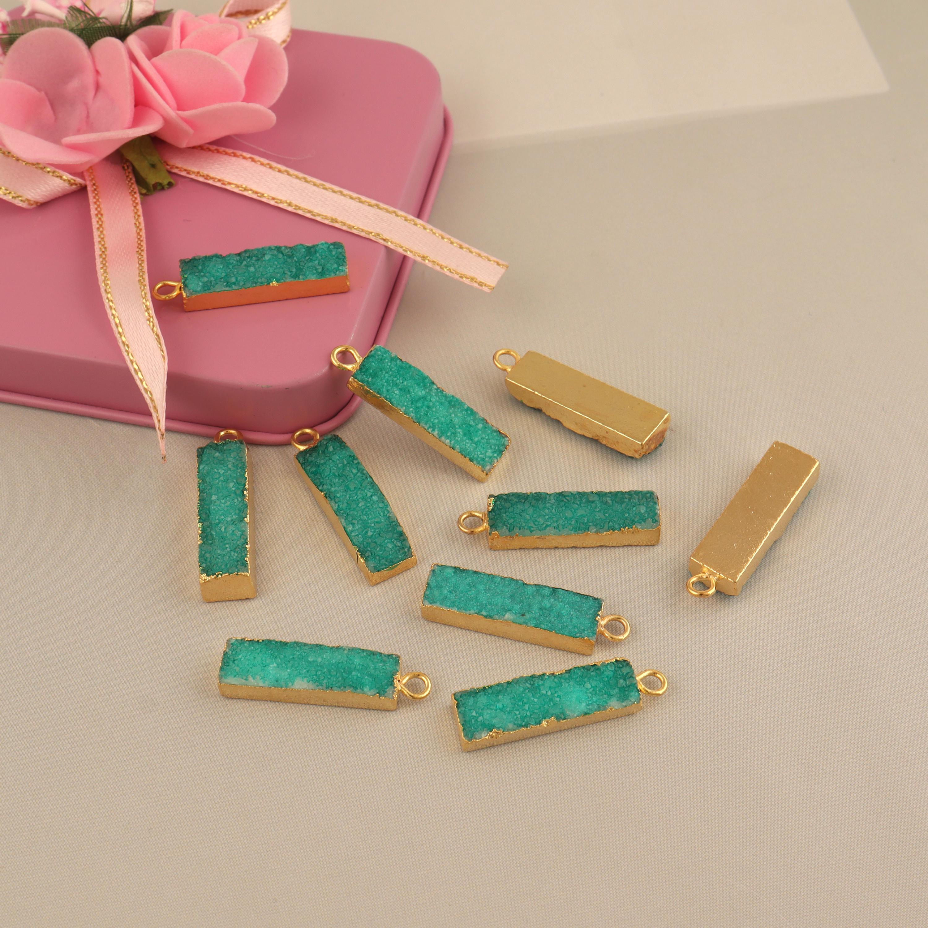 Green Druzy Bar Connectors: Gold Electroplated Agate Pendants