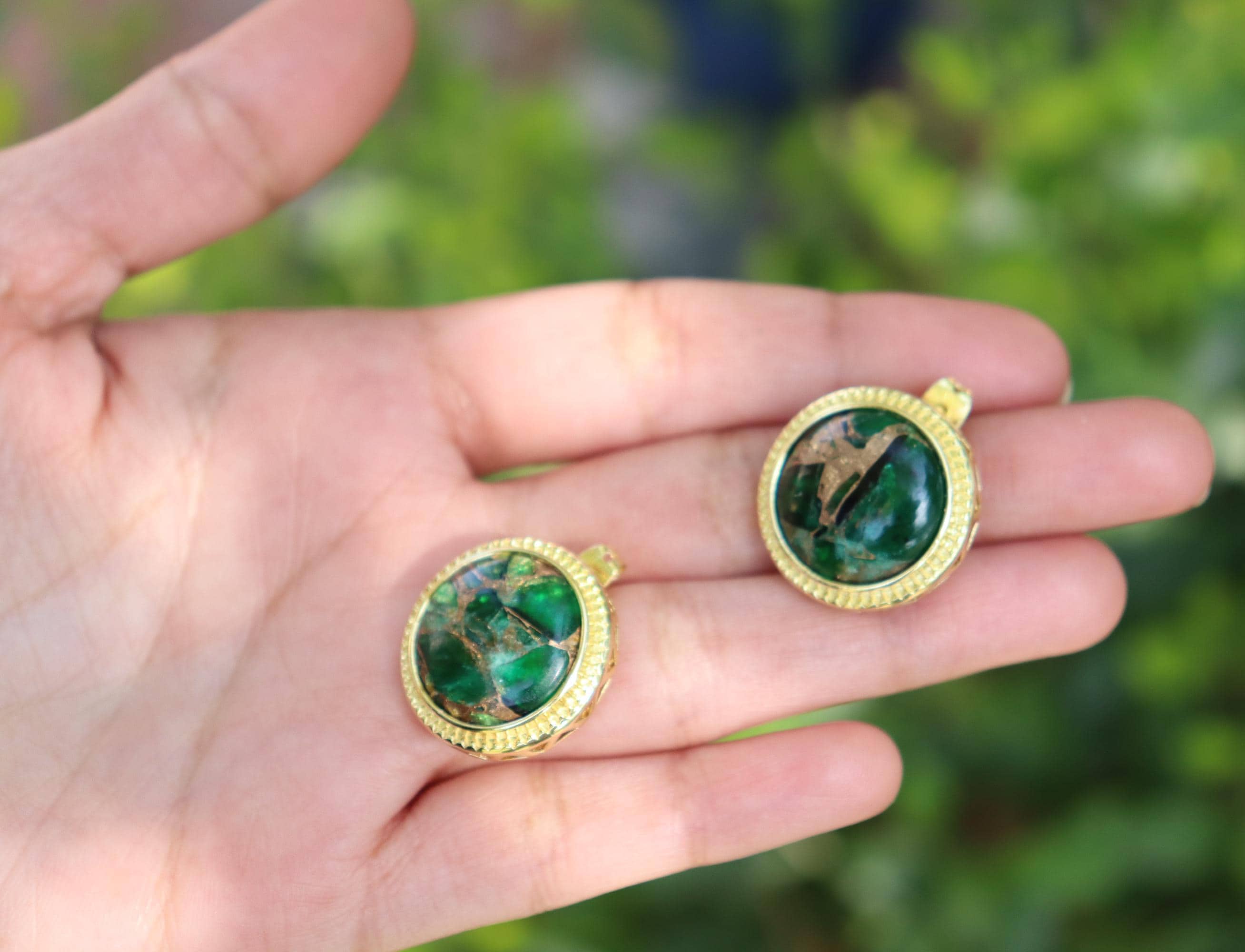 Handmade Green Copper Turquoise Earrings: Gold Plated Studs