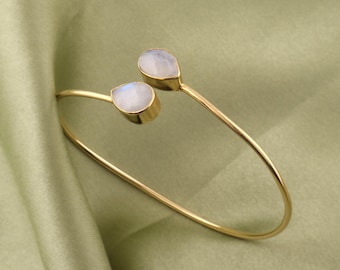 Teardrop Moonstone Gold Plated Cuff Bracelet - Statement Jewelry - Brass Adjustable Bangle - Bohemian Bracelet