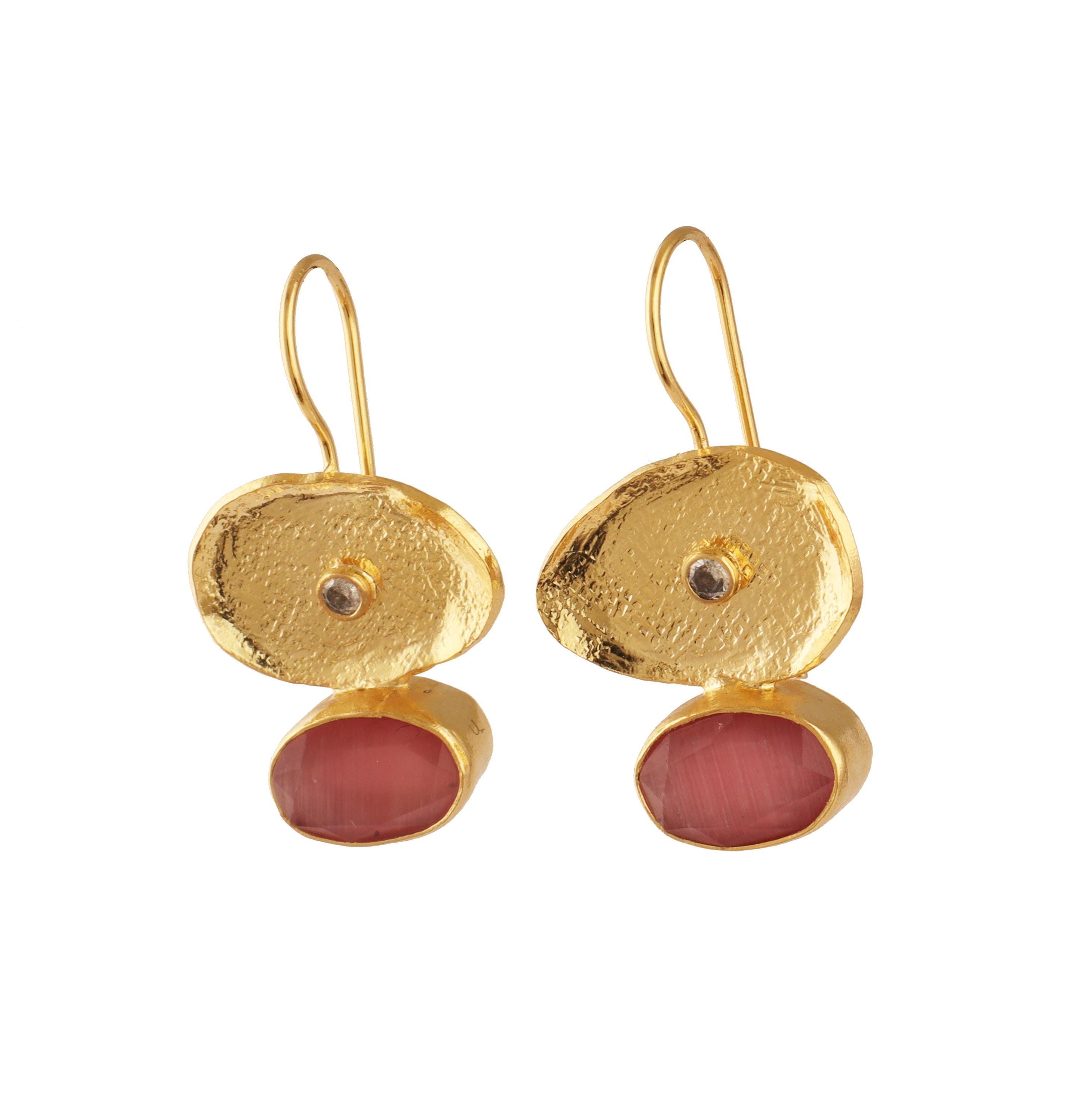 Cat’s Eye Stone Earrings With CZ Accent: Handmade Statement Unique Hook Jewelry