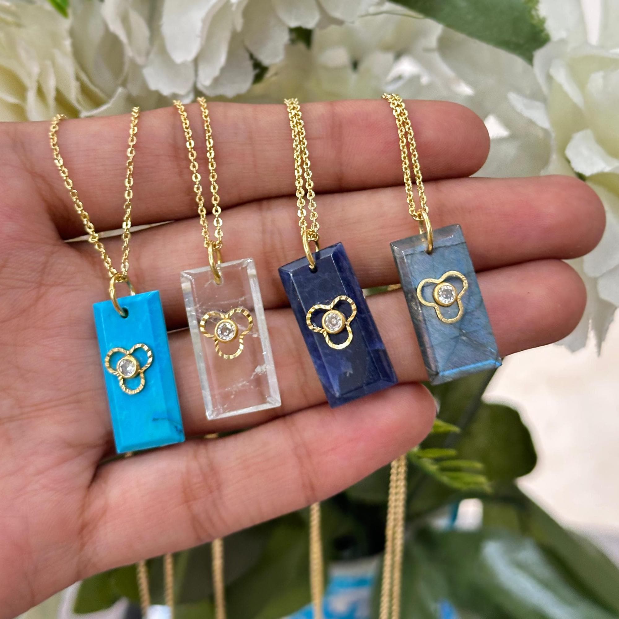 Labradorite Rectangle Pendant Necklace: Gold Plated Cable Chain