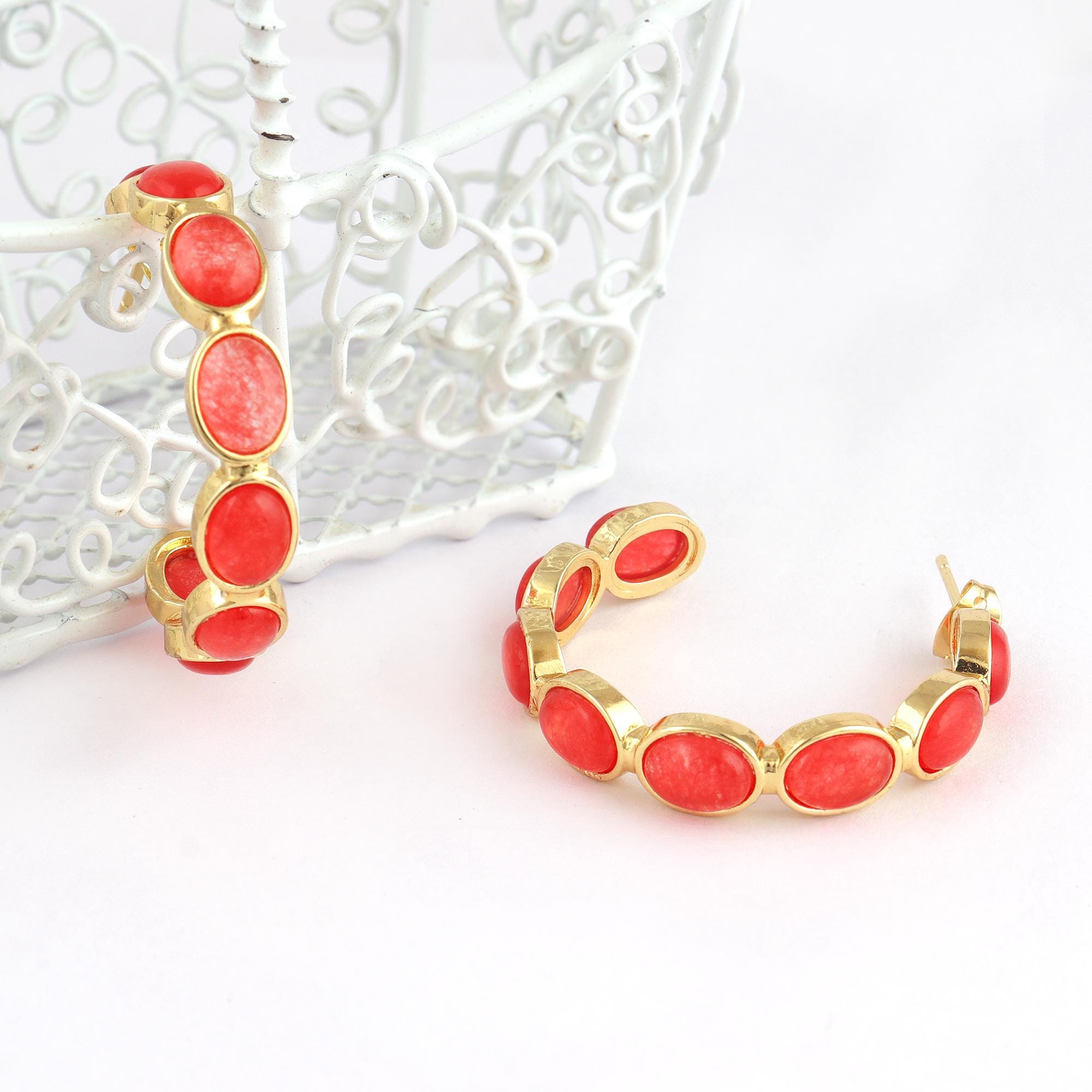 18k Gold-Plated Hoop Earrings with Oval Shape Red Jade Stone