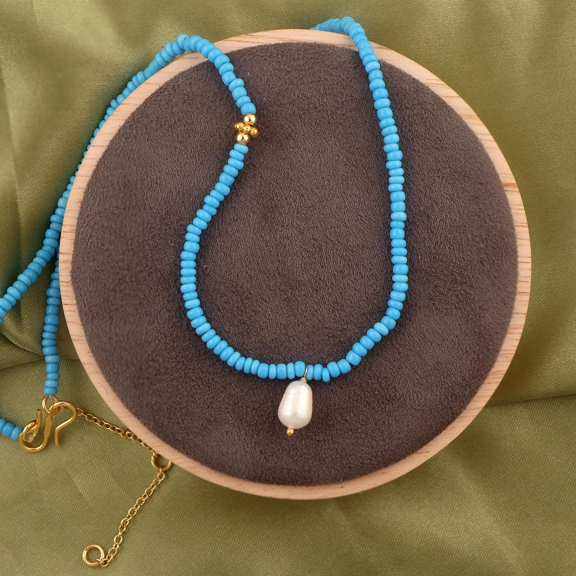 Freshwater Pearl and Blue Bead Necklace - 18k Gold Plated Beaded Summer jewelry
