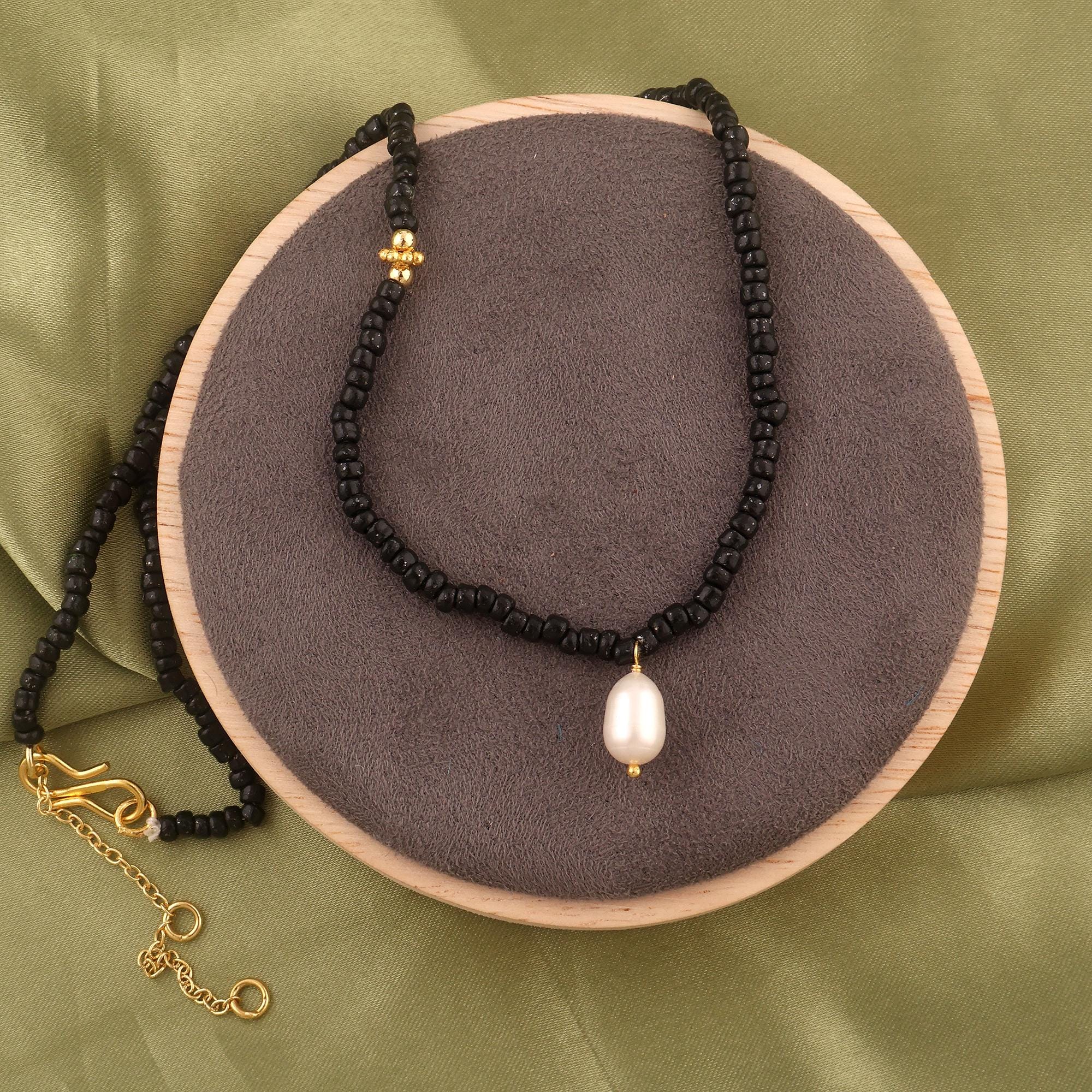 Freshwater Pearl and Black Beads Necklace - 18k Gold Plated Chain Beaded jewelry