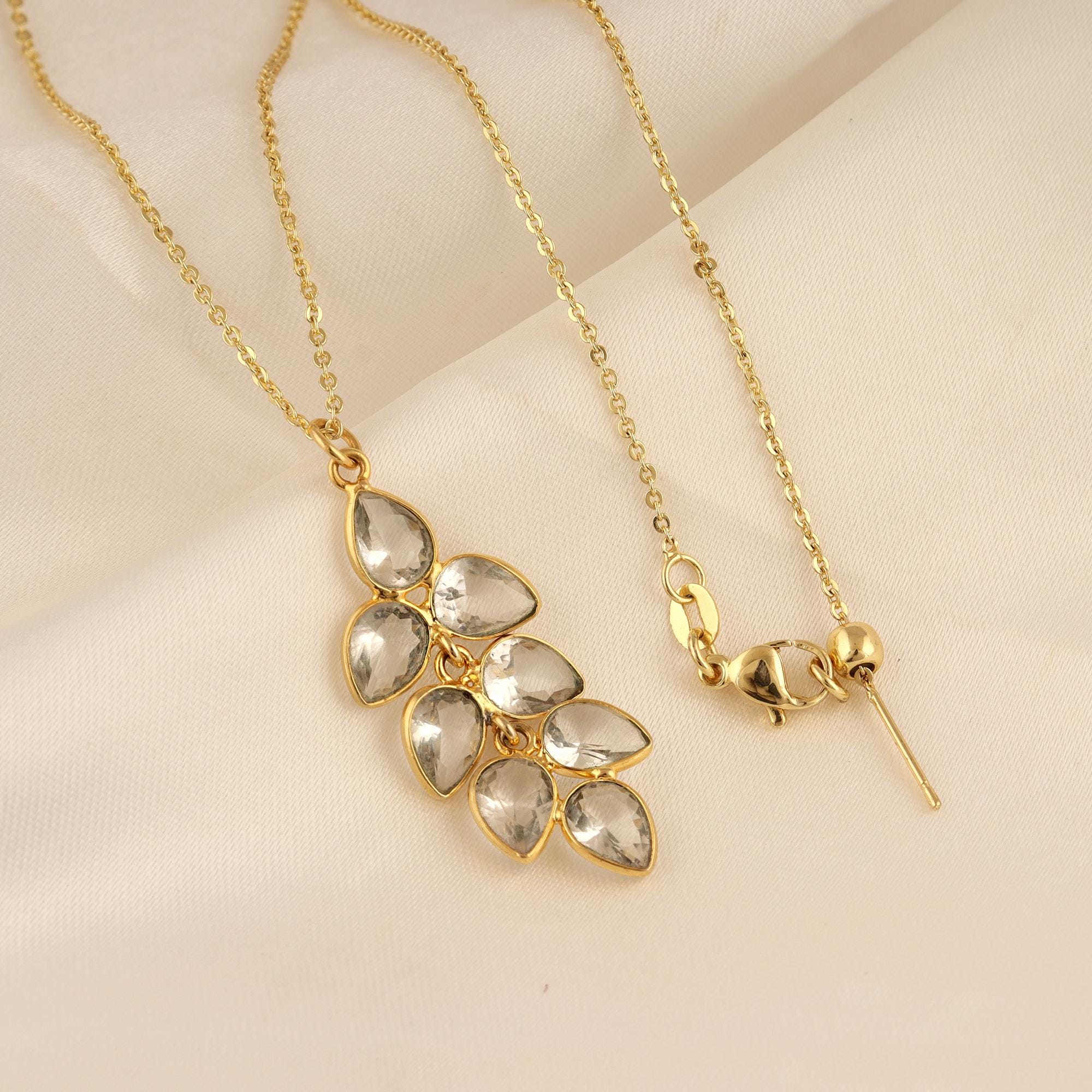 Crystal Pear Shape Leaf Necklace - 18k Gold Plated Bezel Setting Cut Gemstone Pendant
