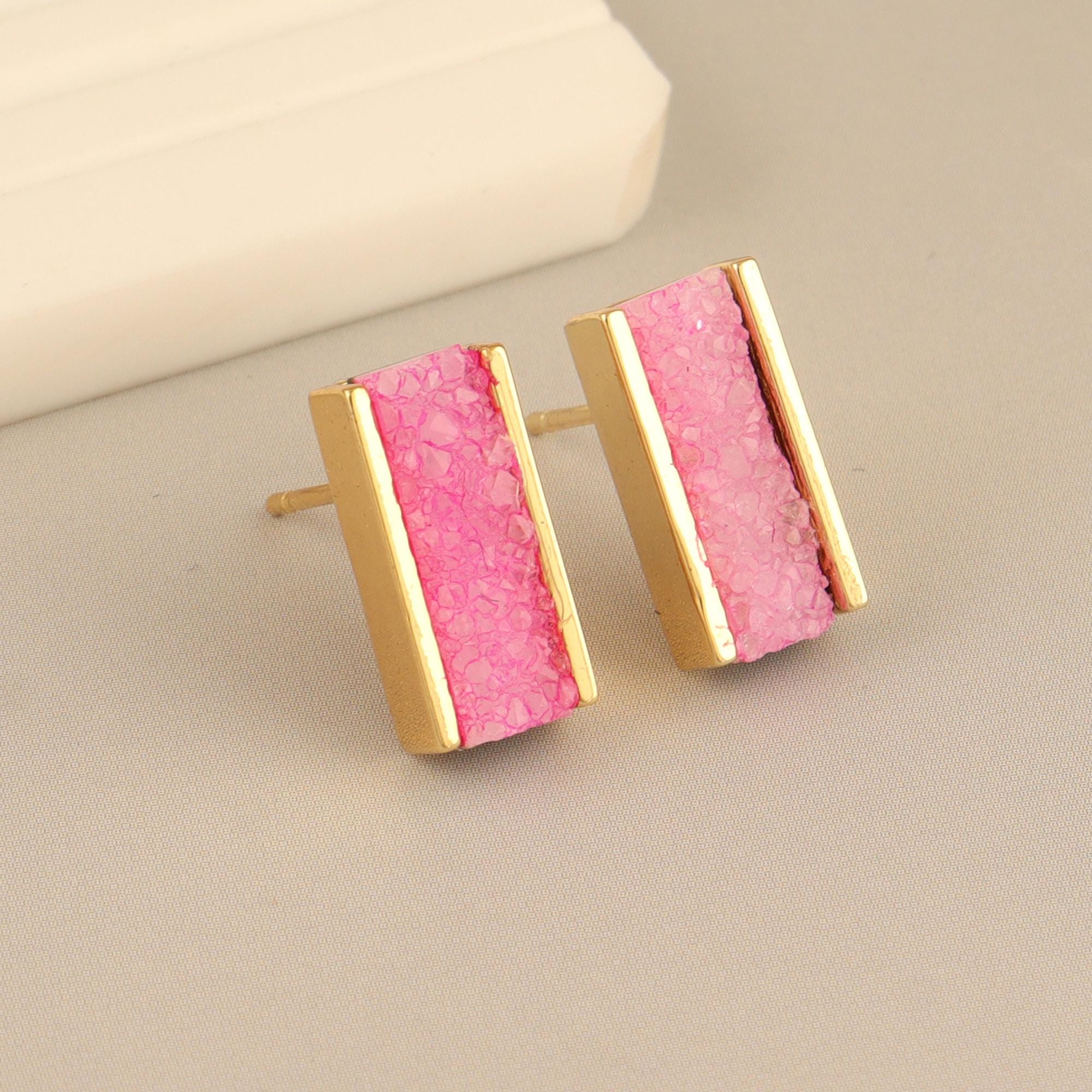 Pink Druzy Bar Earrings: Gold Plated Brass, Agate Gemstone