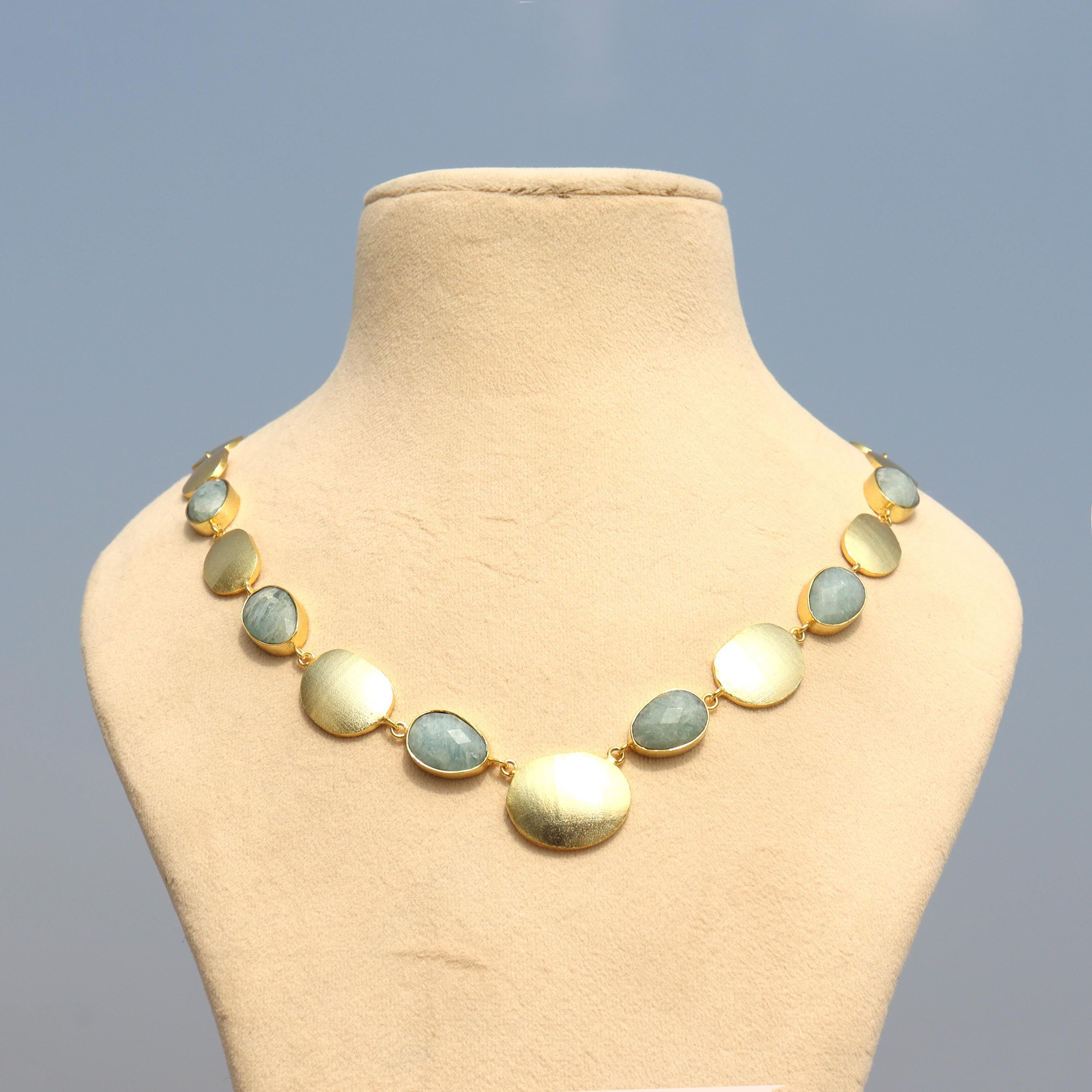 Aquamarine Statement Necklace: Brushed Gold Plated Disc Linked Modern Gemstone Jewelry