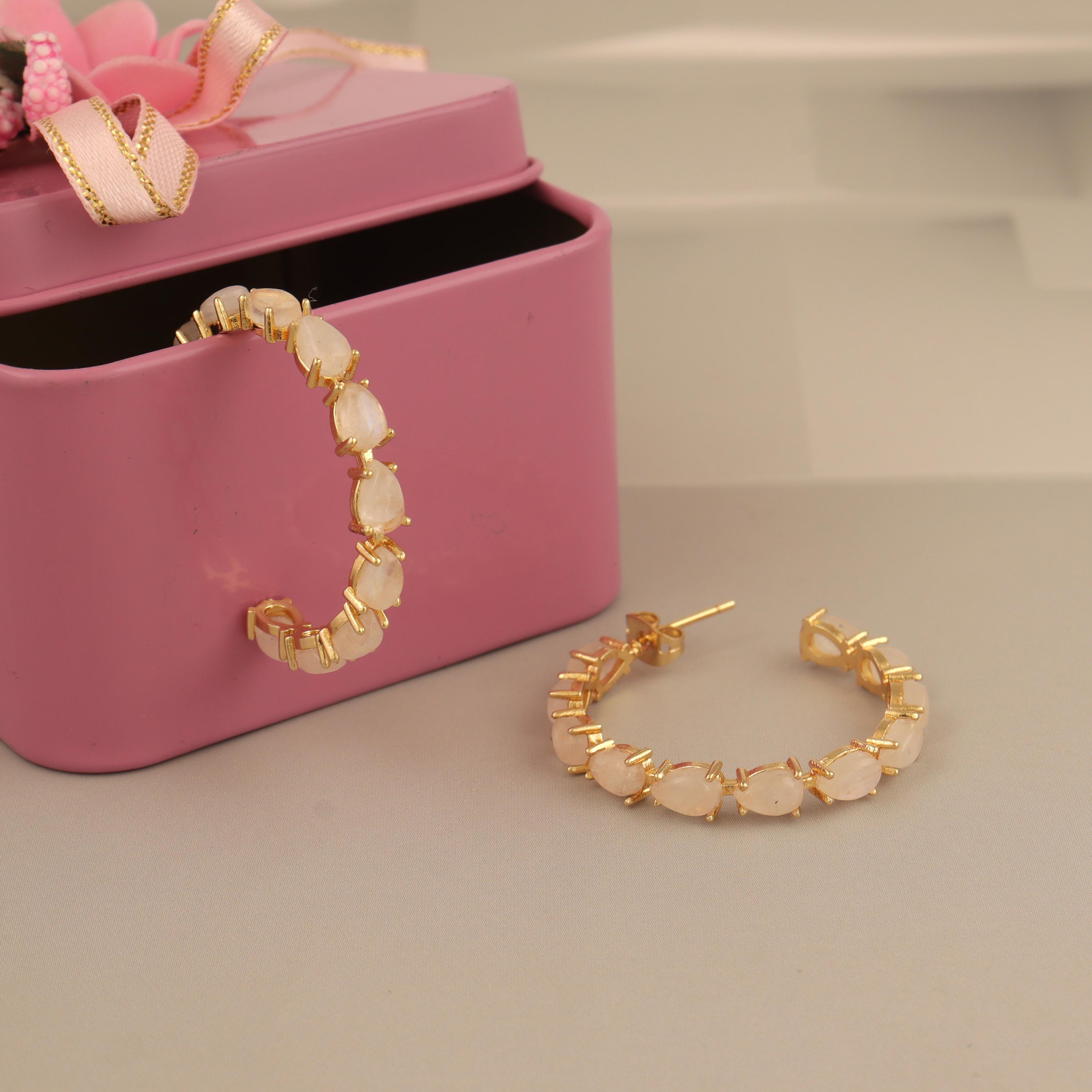 18k Gold-Plated Rainbow Moonstone Hoop Earrings - Multistone June Birthstone