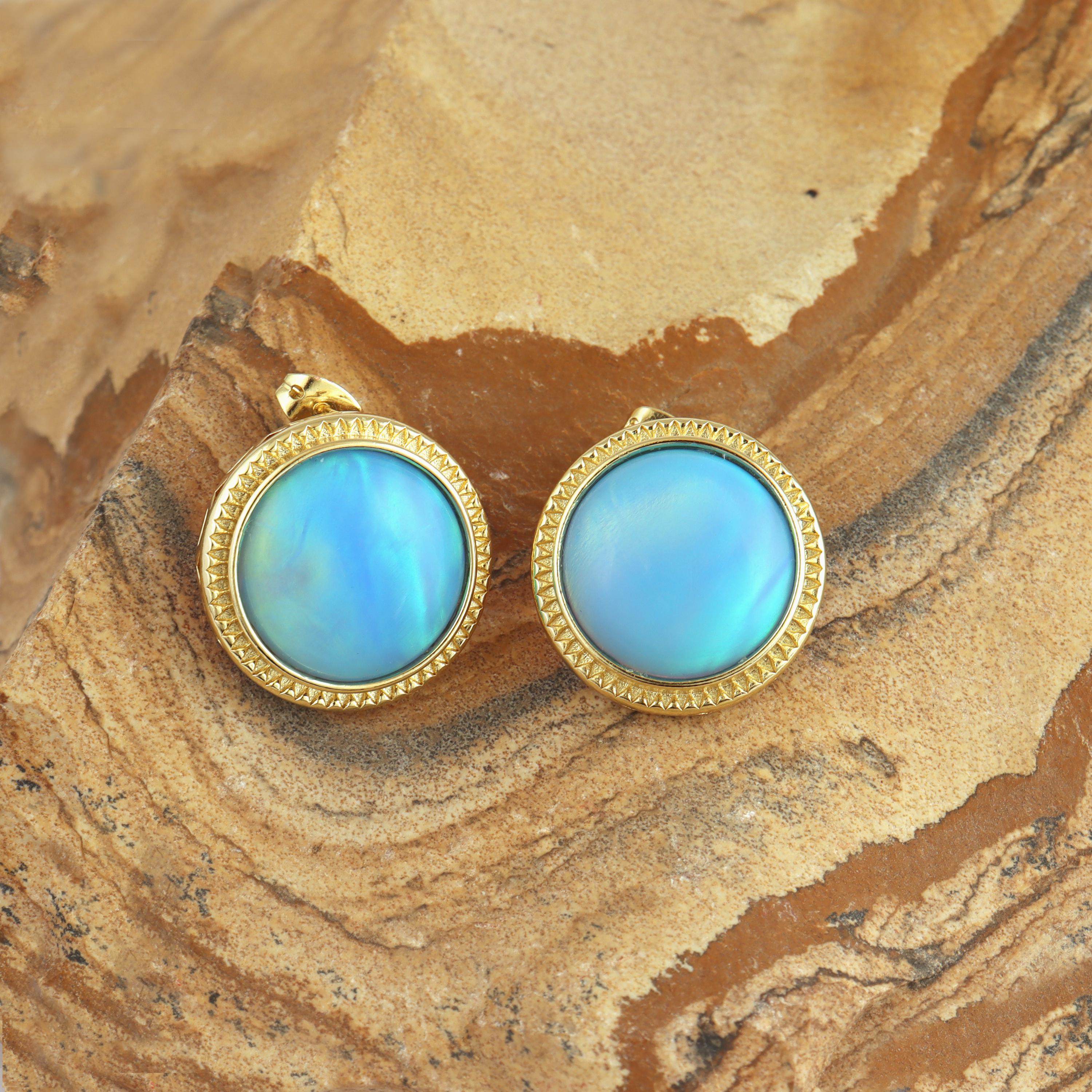 Blue Fire Opal Stud Earrings: 18k Gold Plated October Birthstone Jewelry