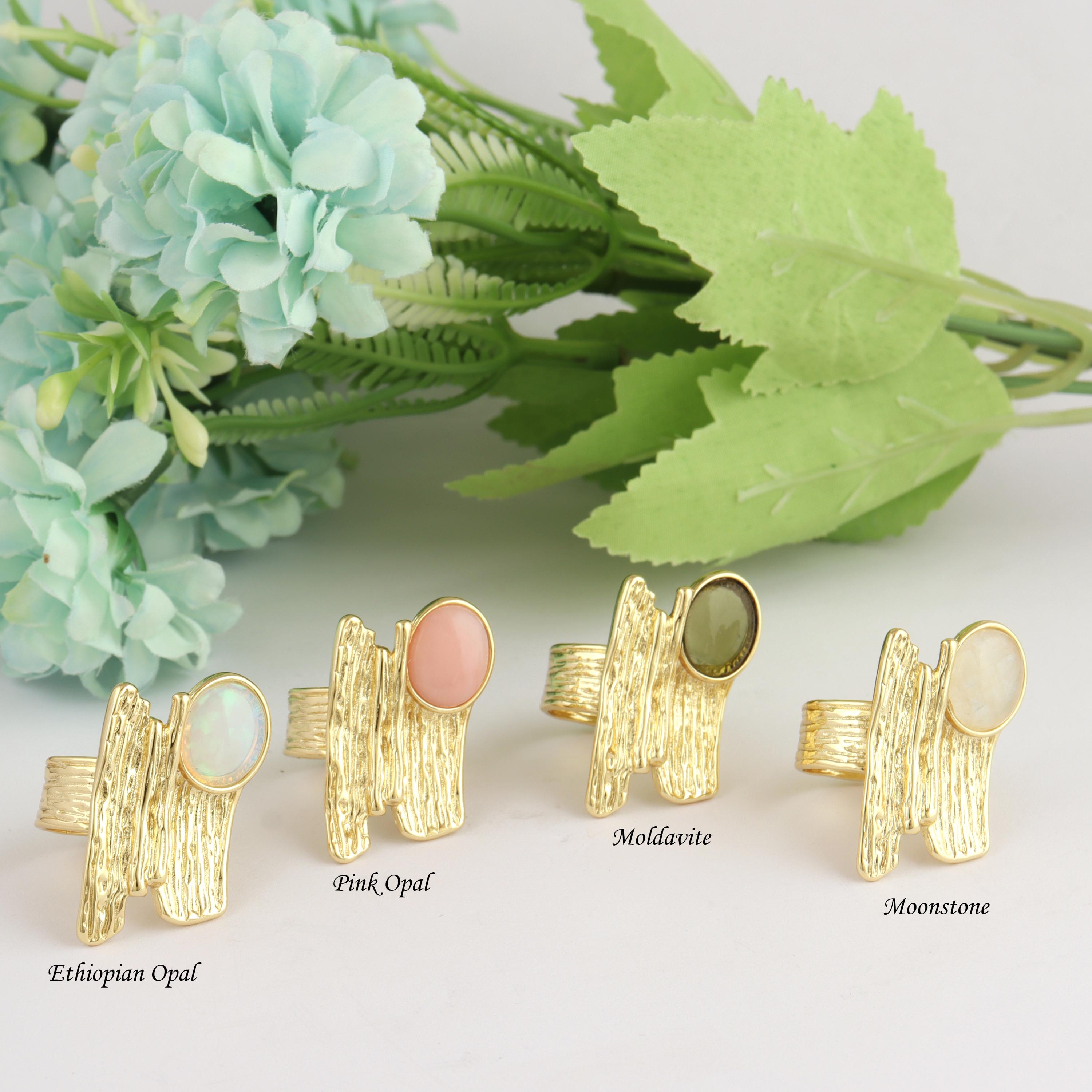 Ethiopian Opal Ring: Textured Gold Plated Adjustable Statement Ring
