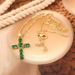 Emerald Green Cross Necklace – Gold Plated Oval Gemstone Pendant, Religious Gift, Christian Jewelry