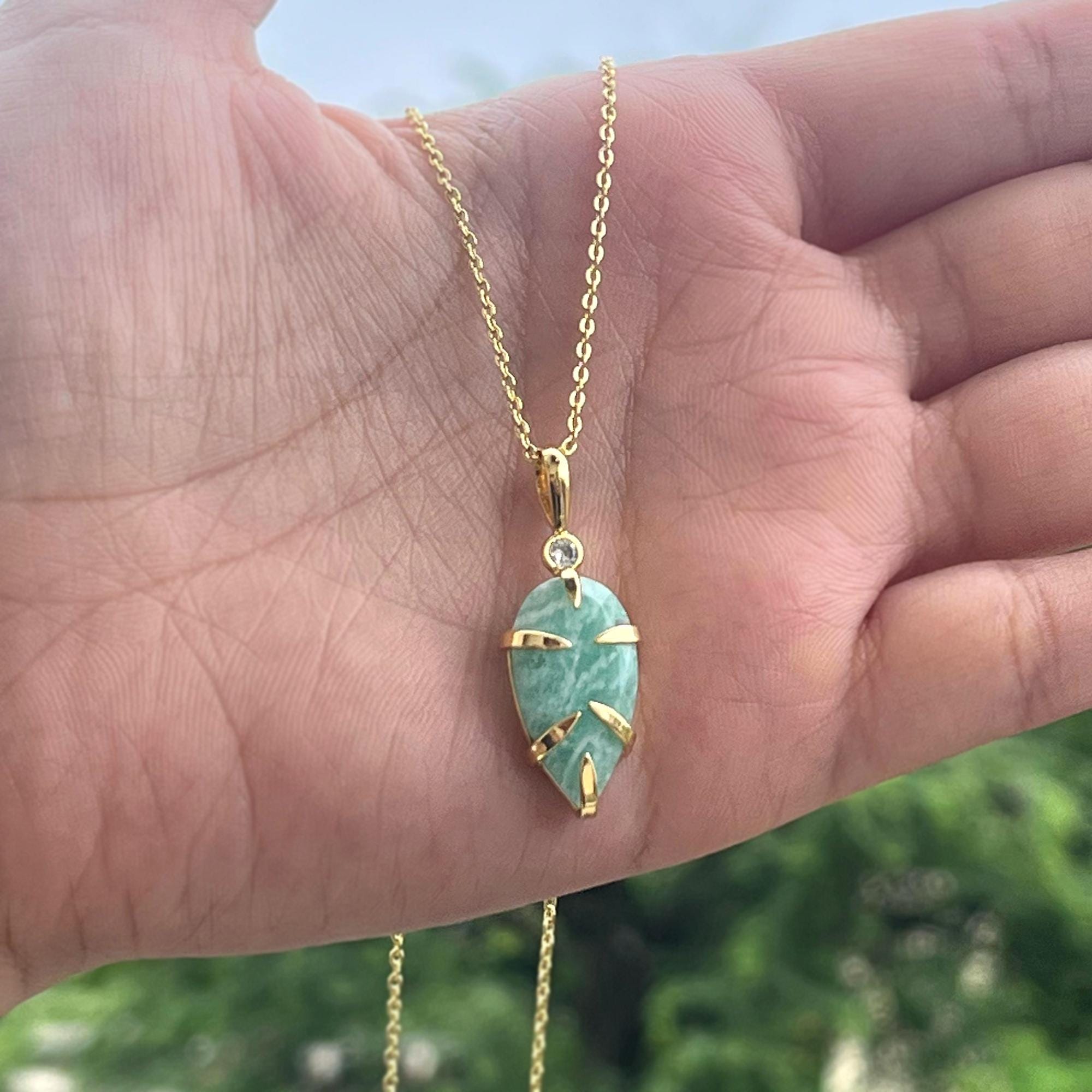 Amazonite Teardrop Pendant Necklace: 18k Gold Cable Chain