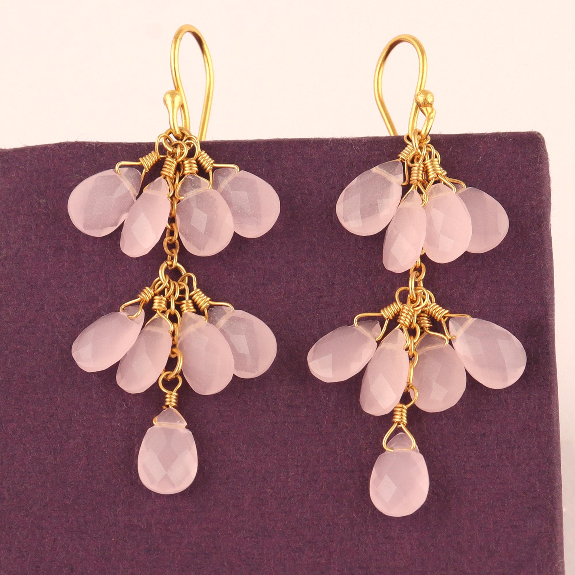 Pink Chalcedony Grapes Drop Earrings Gold-Plated Dangles - Multi Pink Crystal Petal Checker Cut Gemstone