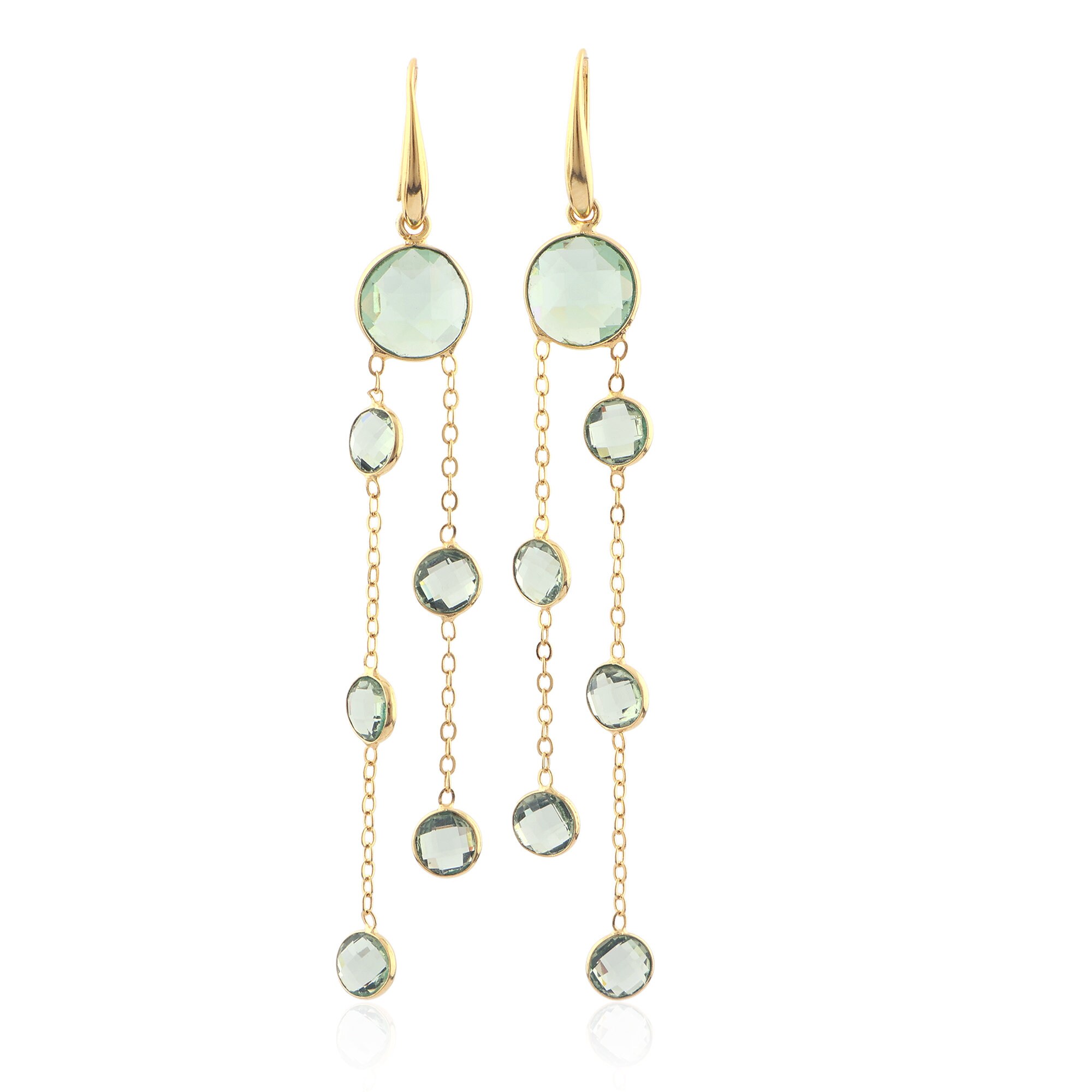Green Amethyst Dangle Earrings: Gold Plated Bezel, Checker Cut Gemstone