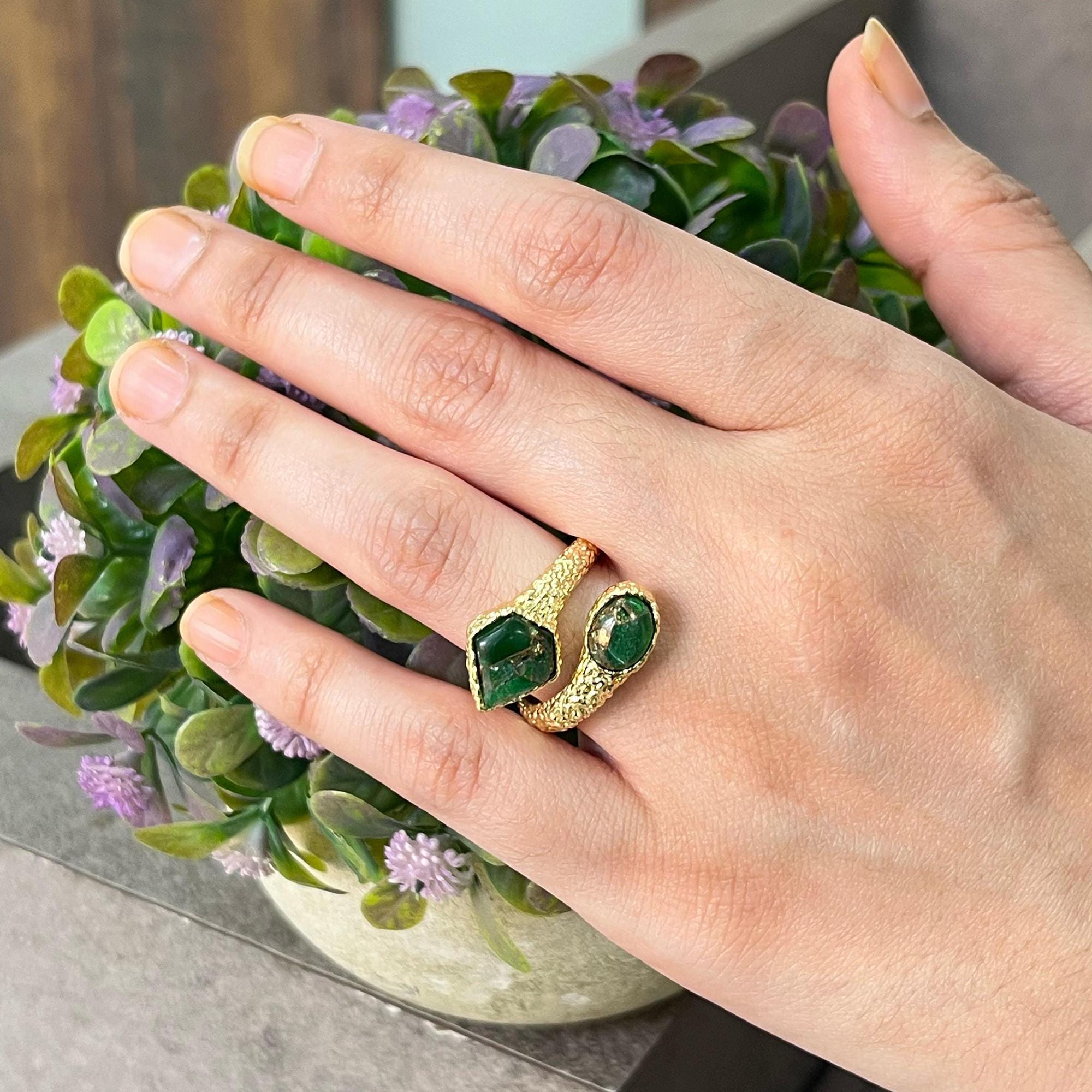 Green Copper Turquoise Adjustable Ring - 18k Gold Plated Natural Stone Statement Rings