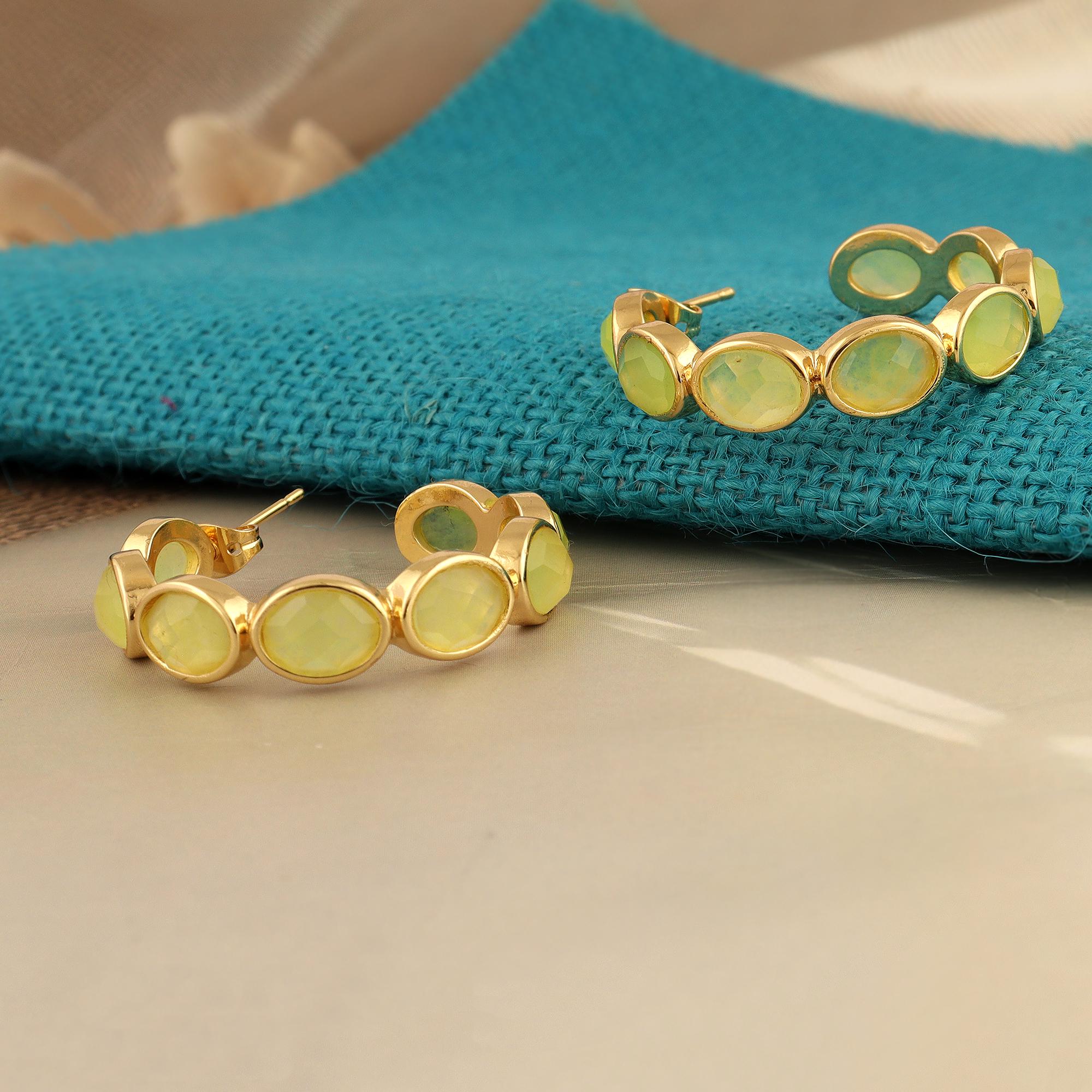 Prehnite Jade Hoop Earrings: 18k Gold Plated Green Gemstone Studs