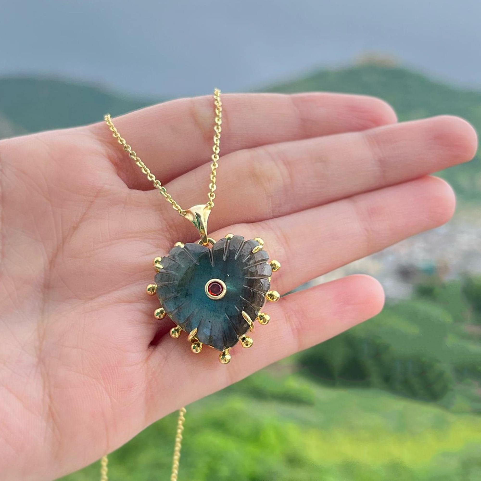 Hand Carved Labradorite Heart Pendant: Gold Plated Charm with Red CZ Accent Necklace Jewelry Gift