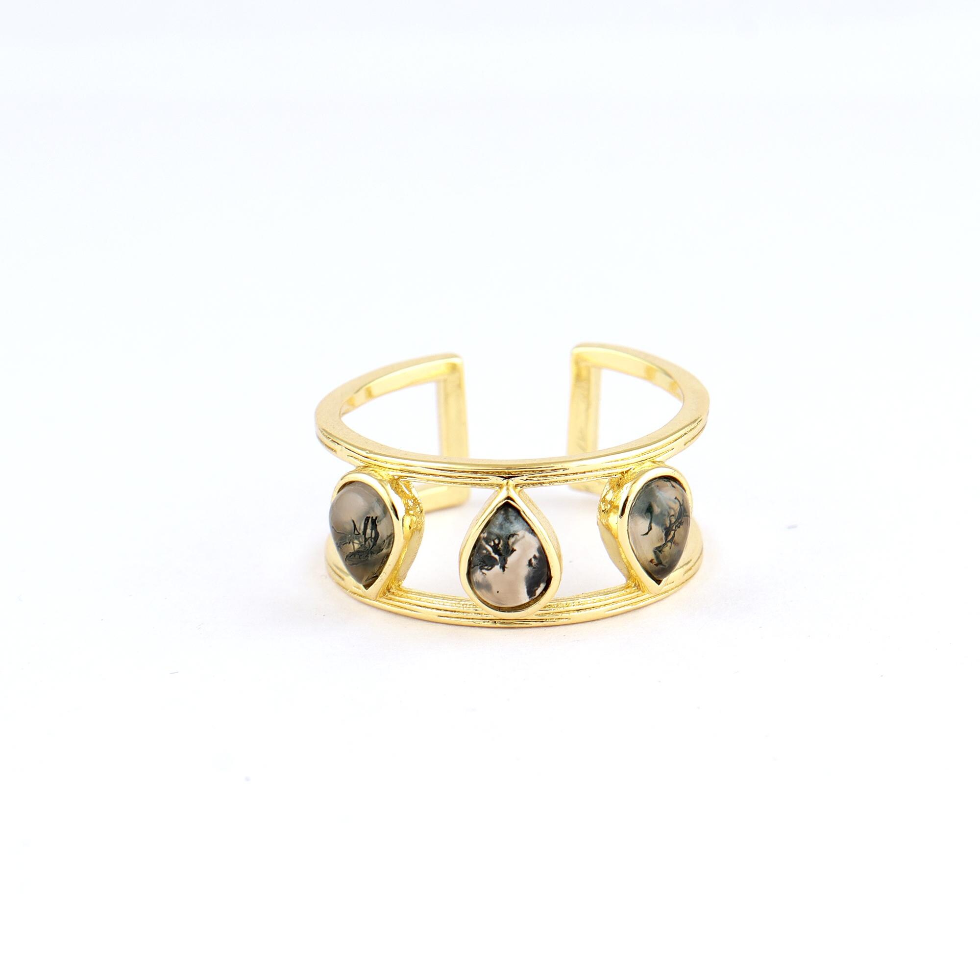 Moss Agate Stone Ring: 18k Gold Plated Wide Band