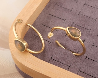 Dainty Labradorite Hoop Earrings: Gold Plated Teardrop Gemstone