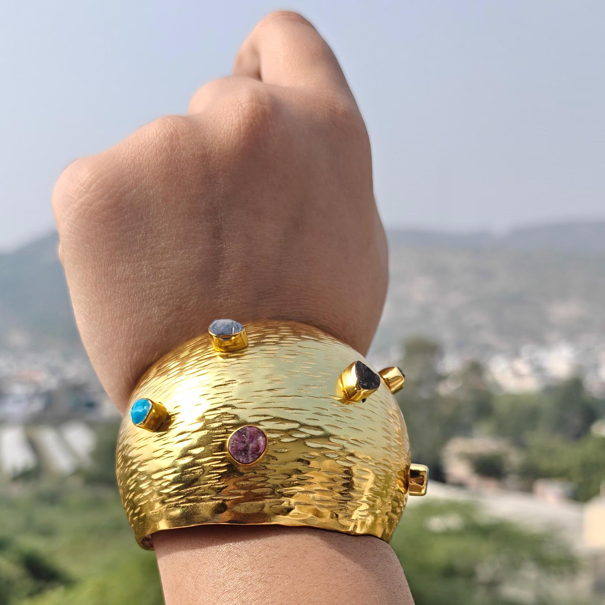 Gold Plated Hammered Cuff with Multi Gemstones, Boho Bold Bracelet