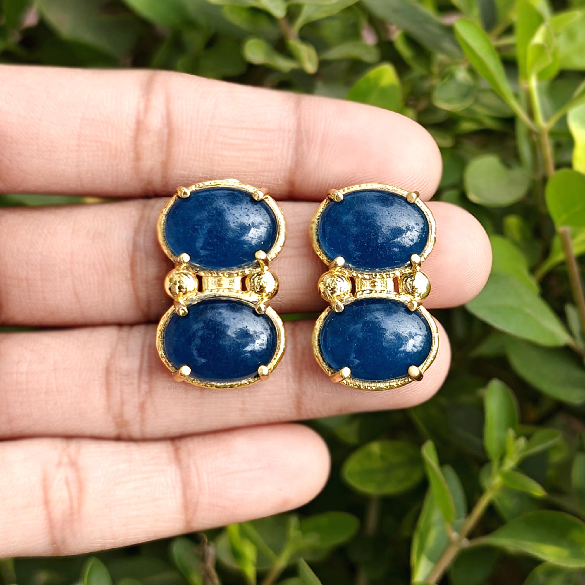 Double Oval Gemstone Stud Earrings: Blue Jade, Turquoise
