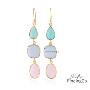 Multi Chalcedony Long Earring, Hook Earrings, Gold Plated Gemstone Dangle Drop Earrings, Healing Crystal Earring Gift For Love